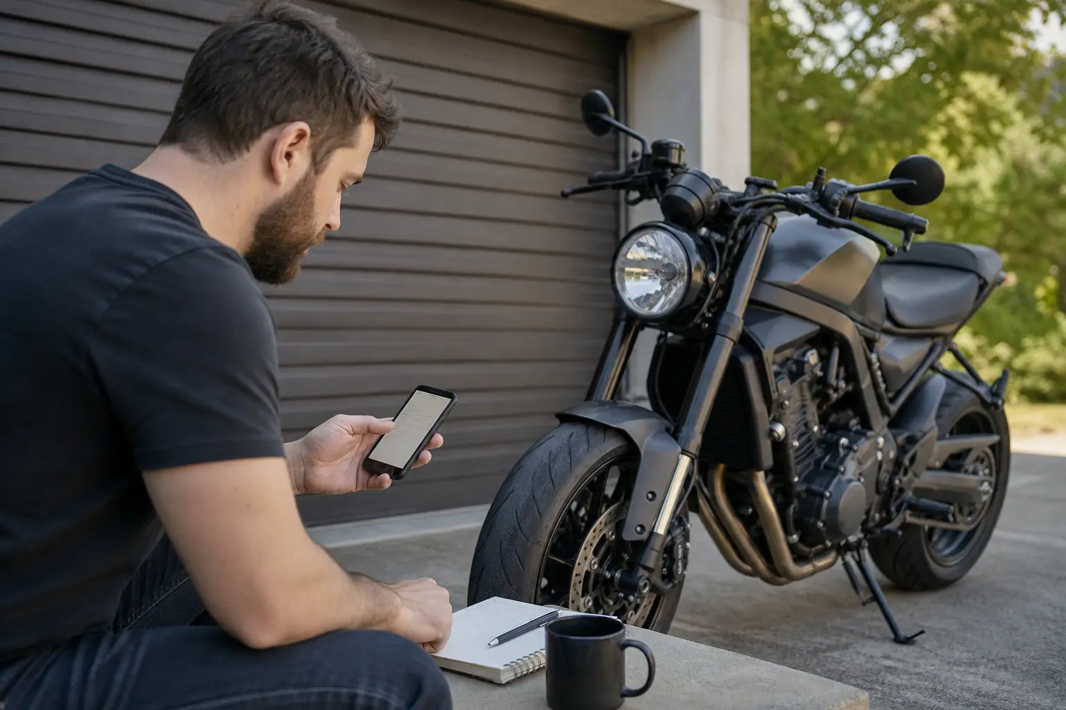 Documenting a motorcycle maintenance concern while the bike is parked.