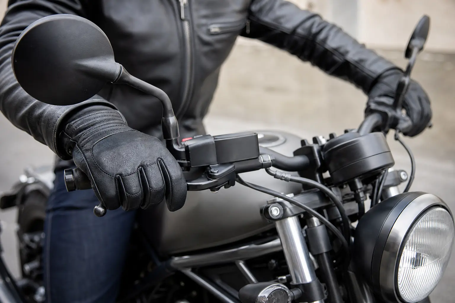 Close view of properly fitted motorcycle gloves on handlebars.