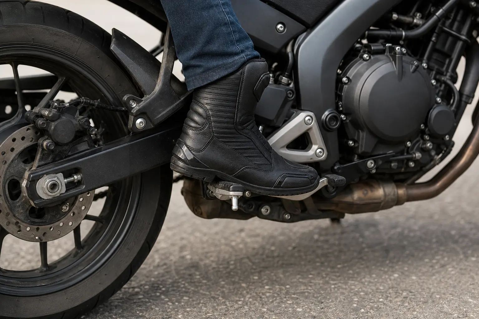 Motorcycle boot positioned securely near a rear brake pedal.