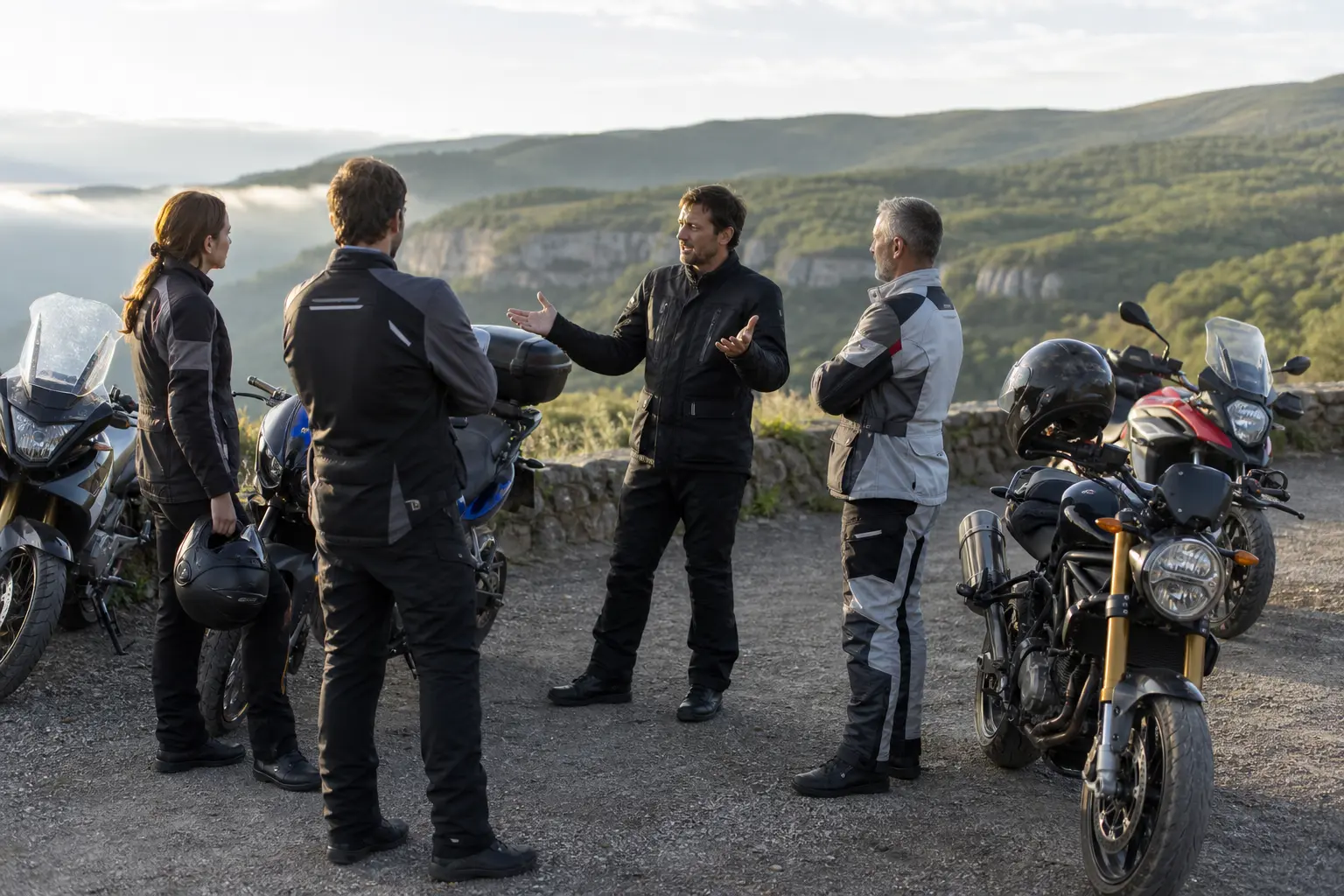 Motorcyclists discussing a group ride plan before departure