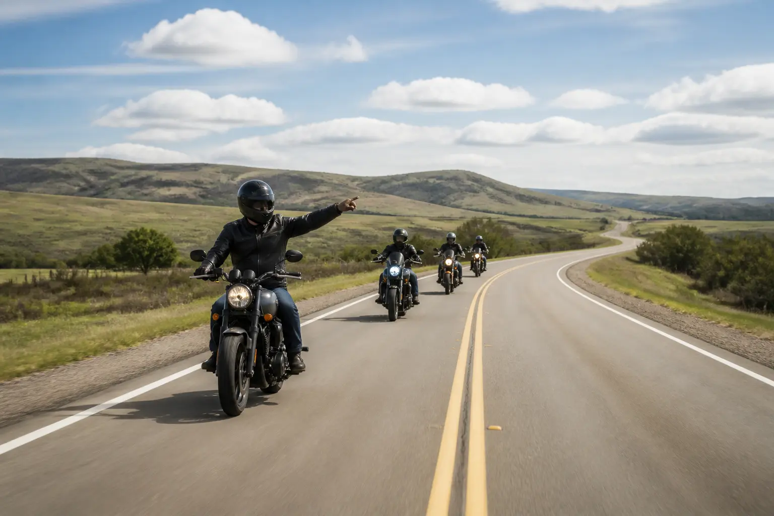 A motorcycle group riding with clear spacing and communication