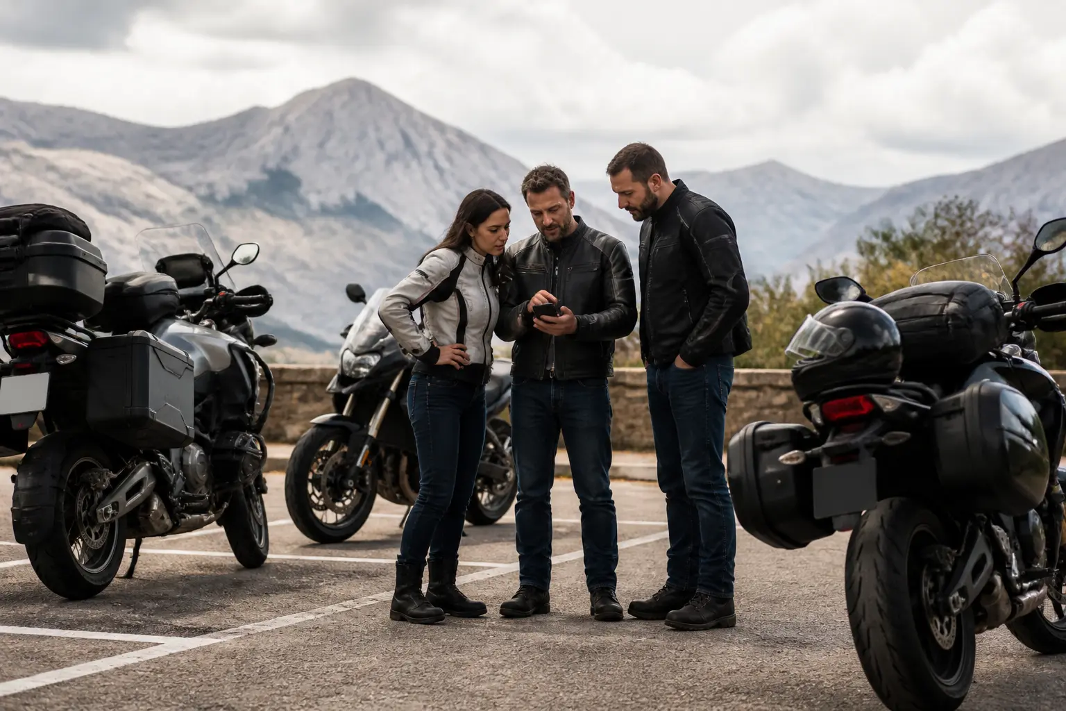 Motorcyclists reviewing a regroup plan during a ride