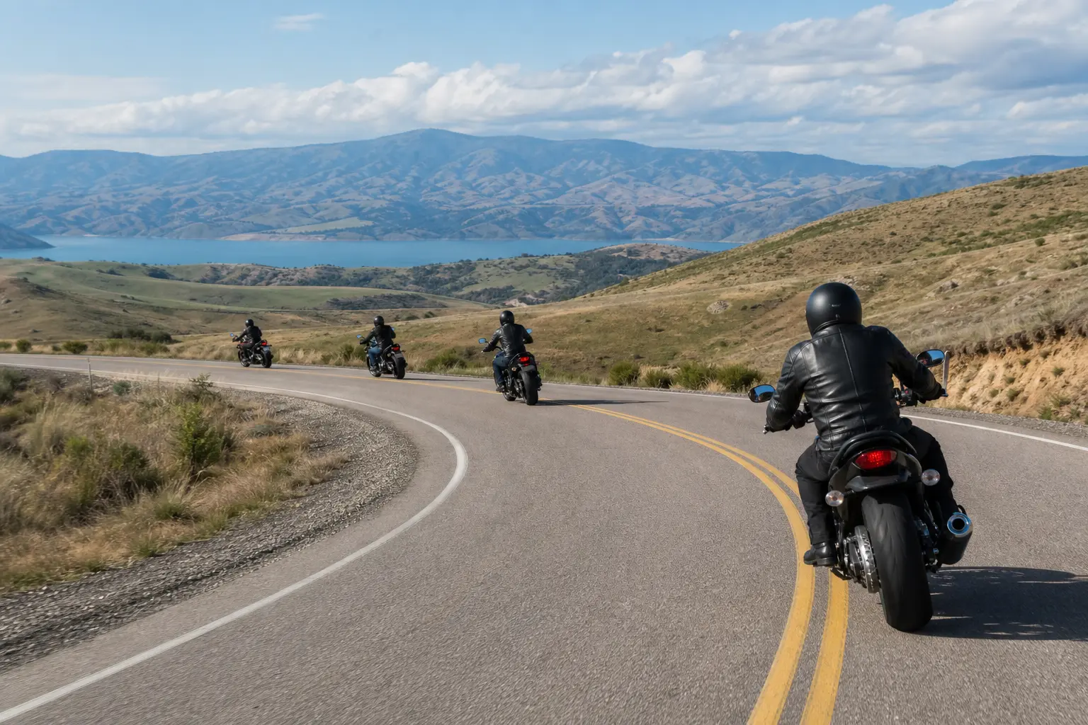 A motorcycle group using single-file spacing on a rural curve.