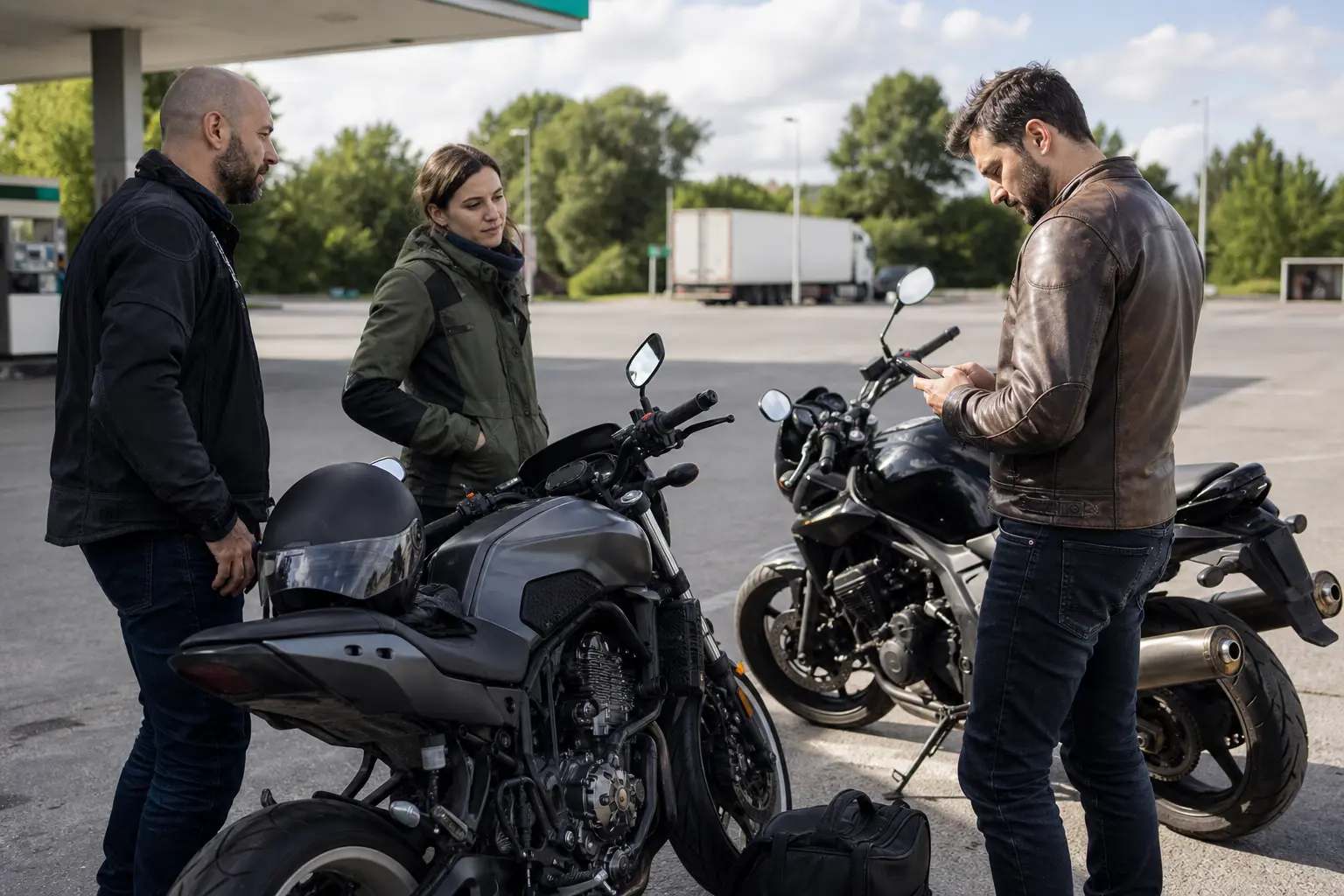 Motorcyclists regrouping at a planned stop during a ride.