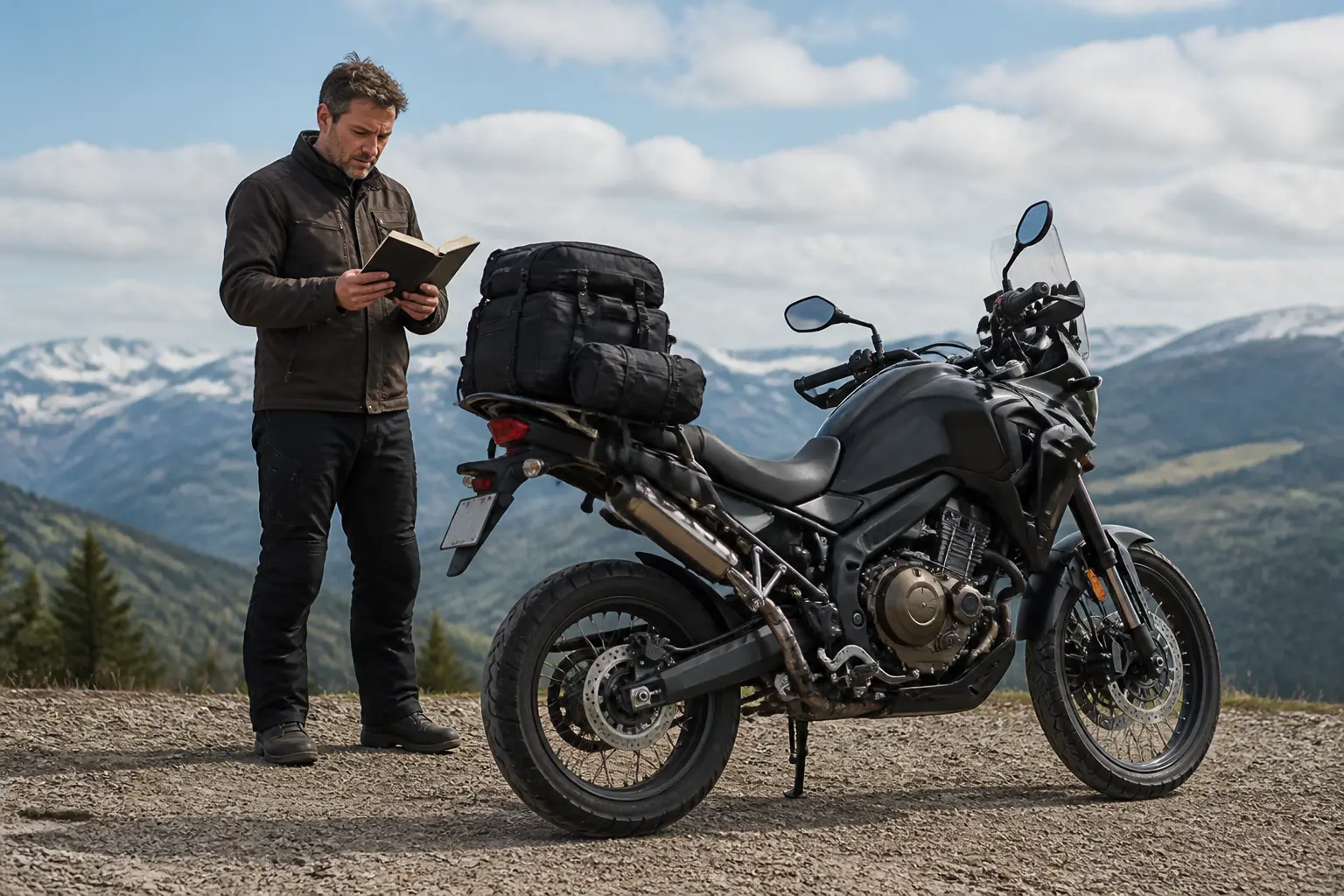 Rider checking a loaded motorcycle before a headlight inspection