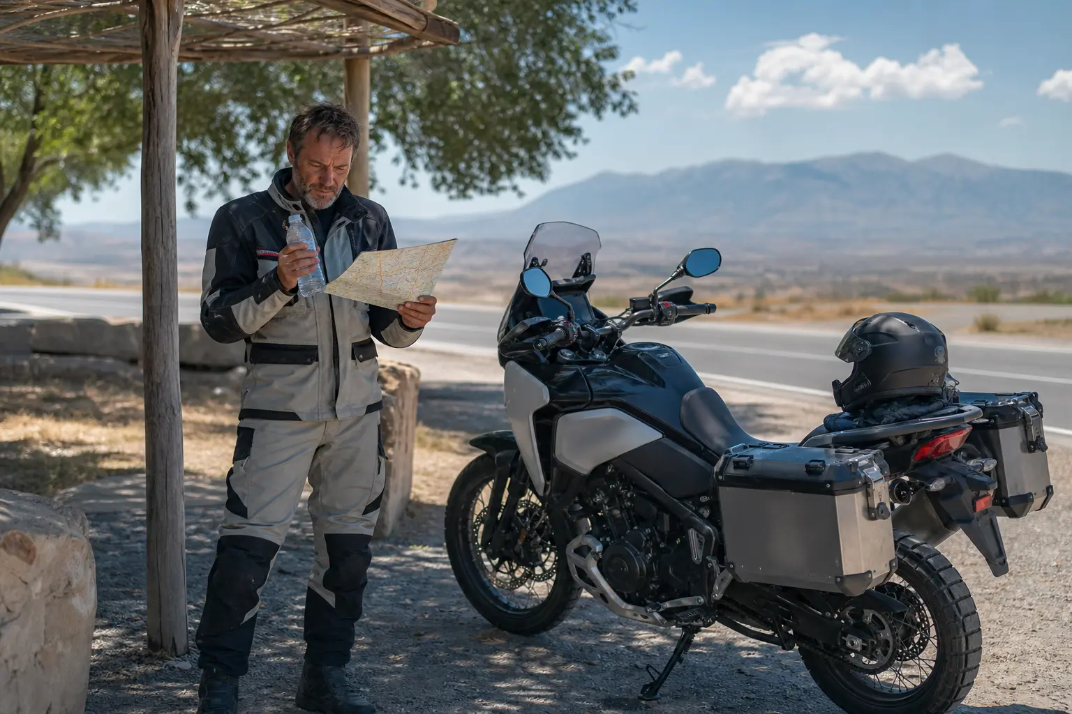 Motorcyclist taking a shaded hydration break beside a parked motorcycle on a hot day.