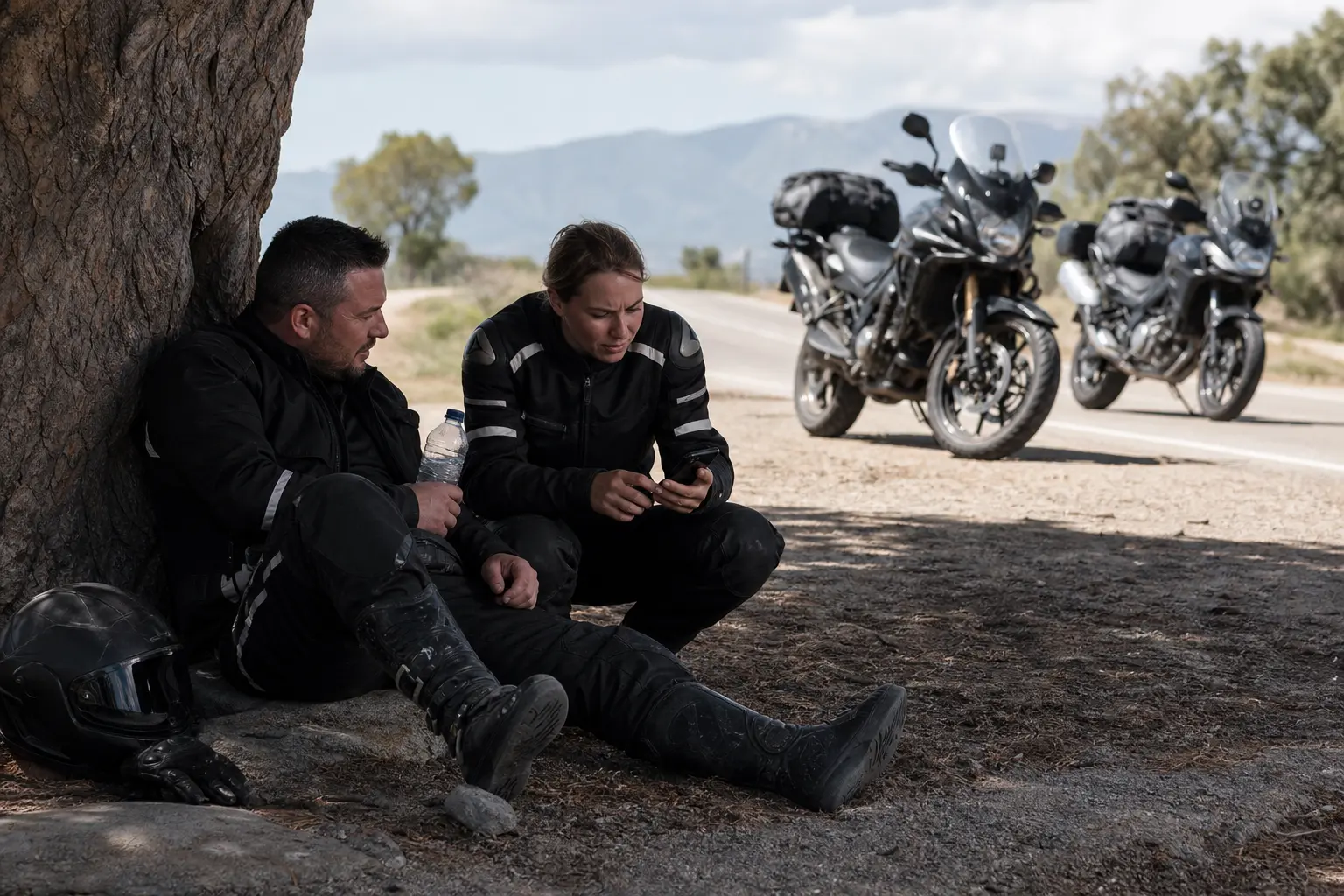 Two riders taking a cooling and route-planning break in the shade.