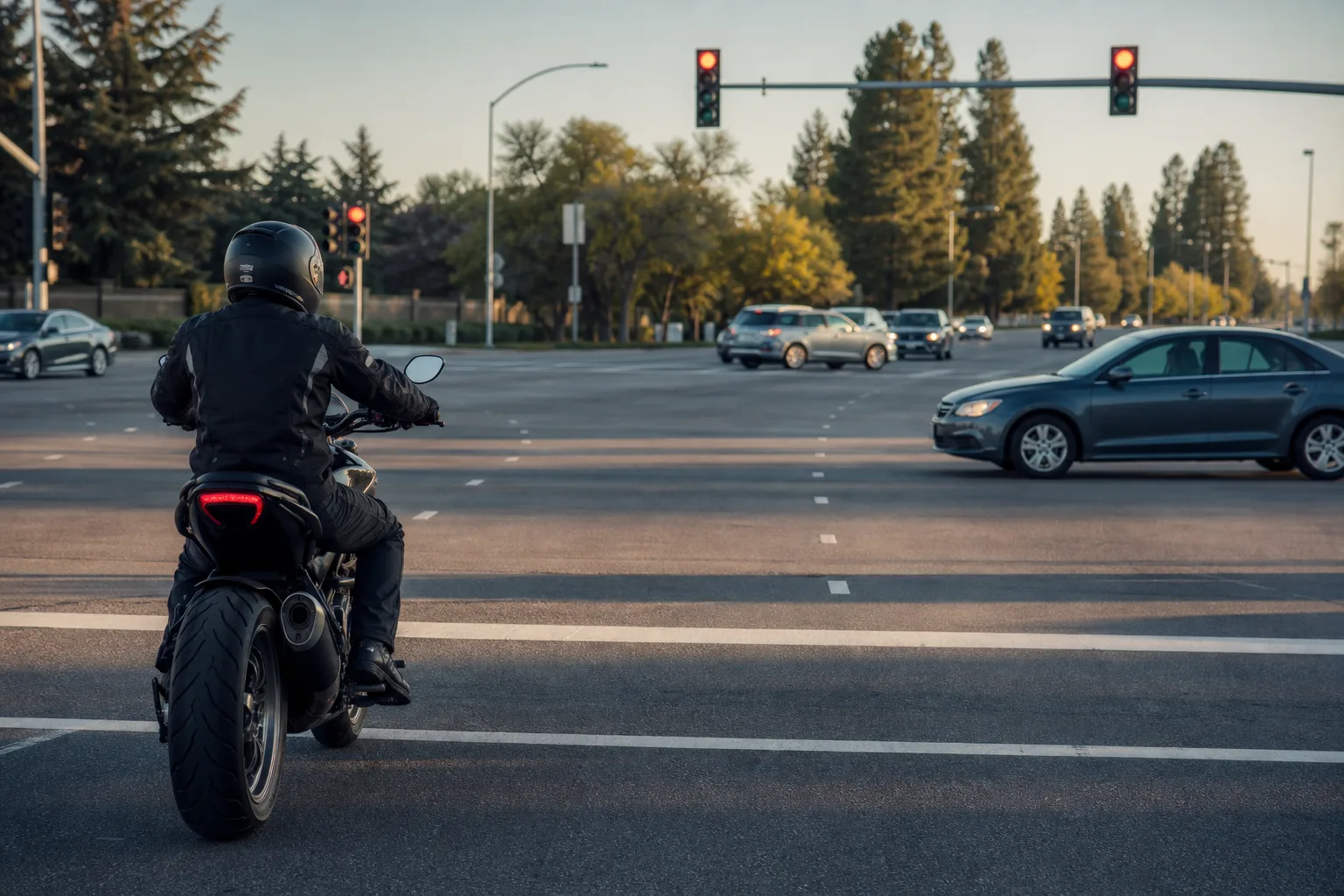 Motorcyclist approaching a suburban intersection with space and visibility in mind.