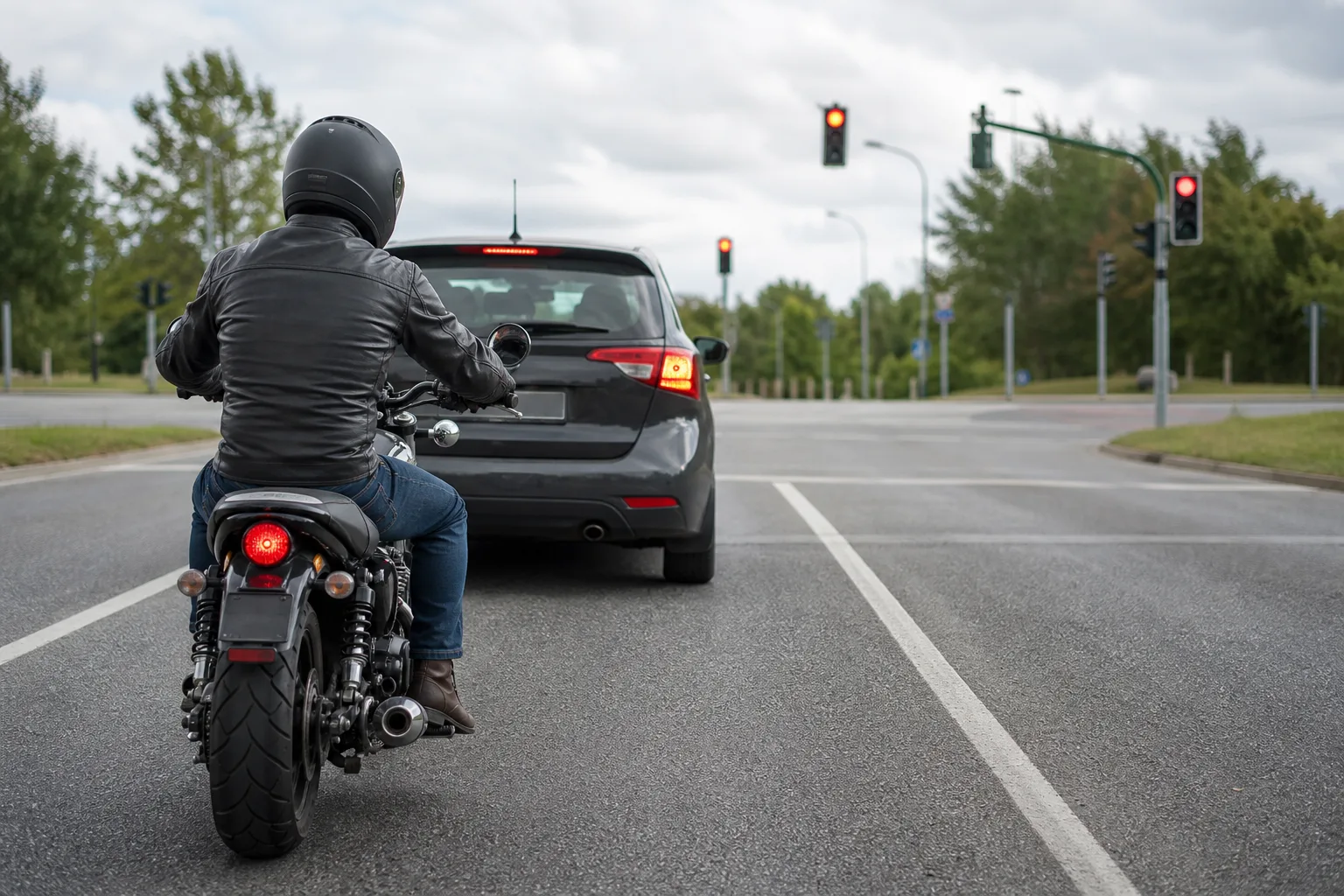 Motorcyclist maintaining space and awareness near stopped traffic at an intersection.