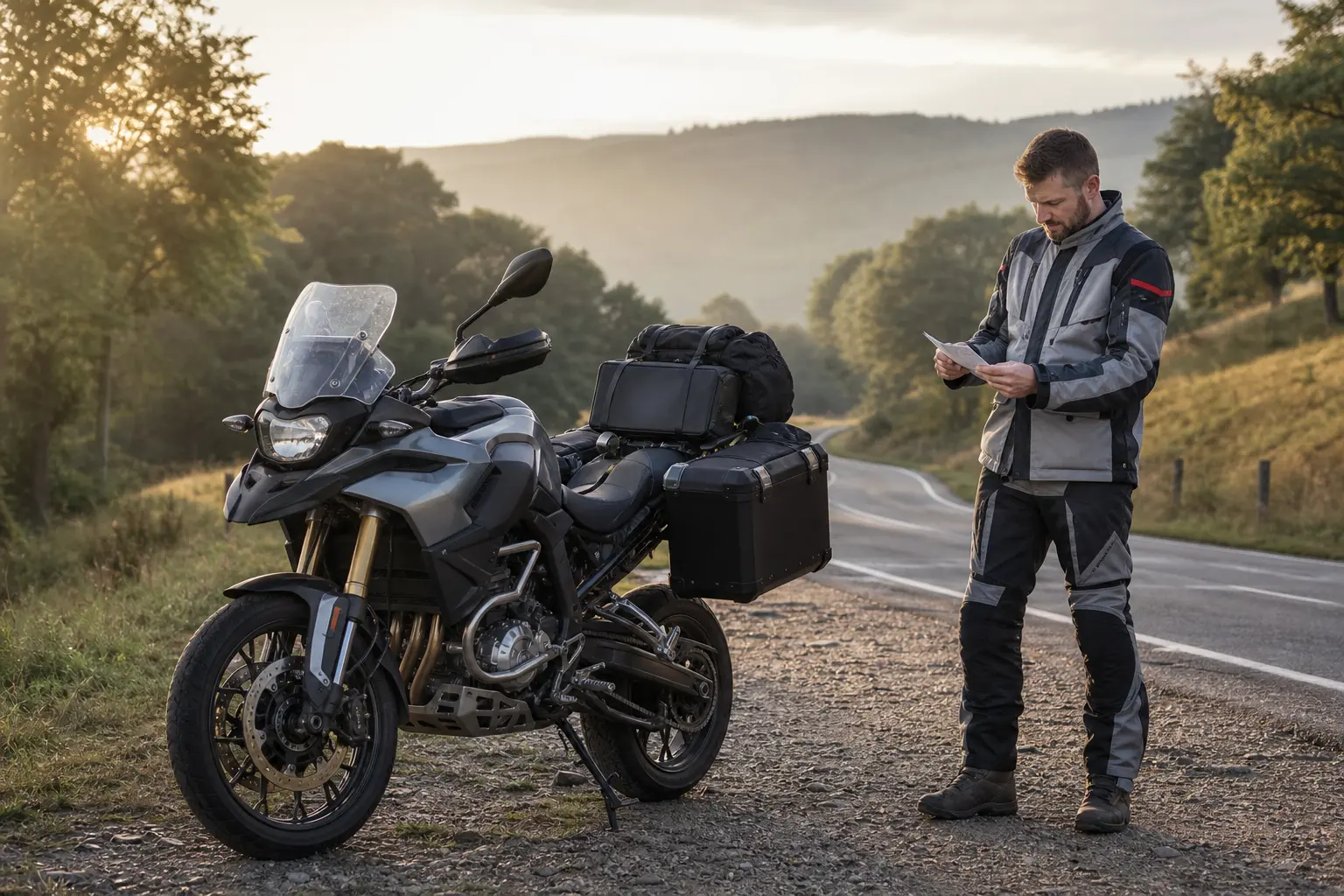 Rider prepares a loaded motorcycle for a cautious pre-trip test ride