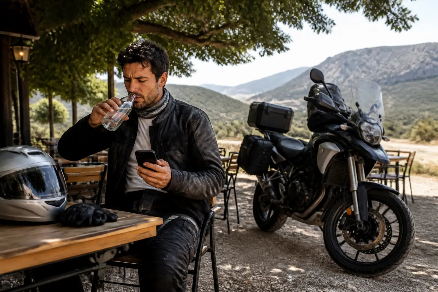 Motorcyclist takes a planned rest during a pre-trip test ride