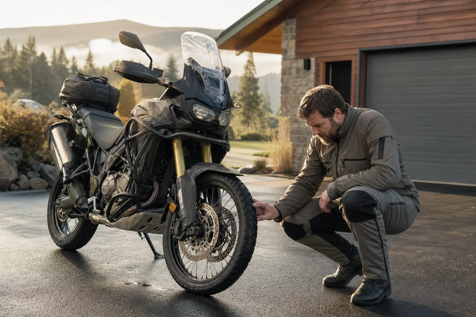 Rider inspecting the front spoked wheel of a parked motorcycle.