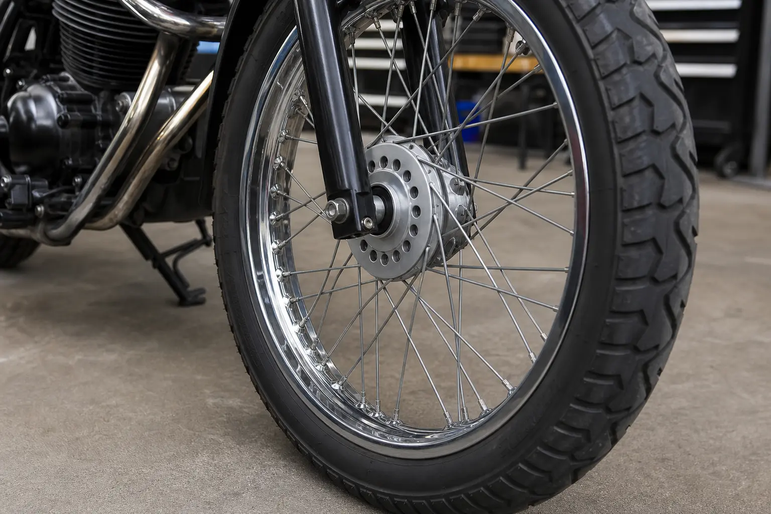 Close visual view of a motorcycle rim, spokes, nipples, and hub.