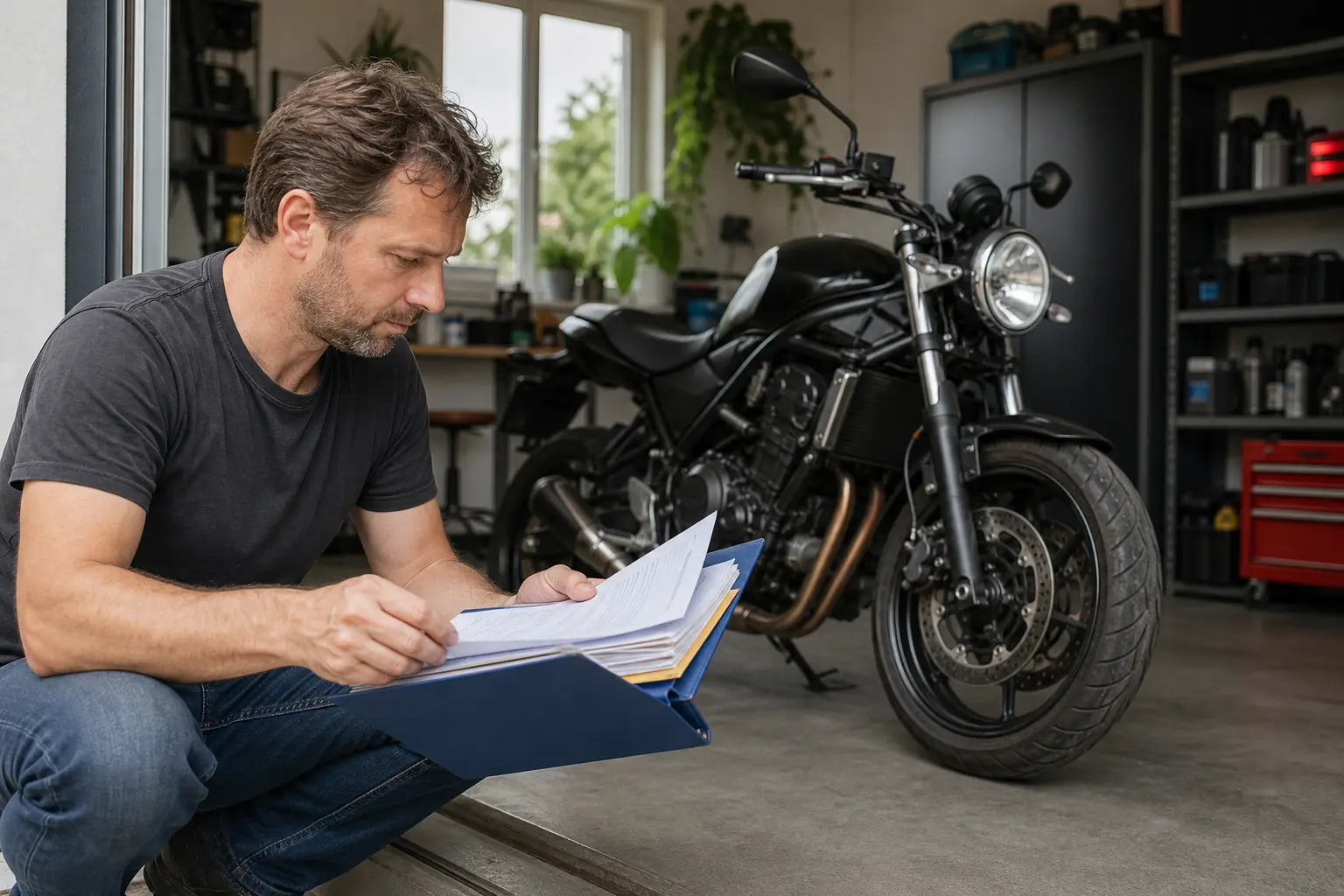 Motorcycle owner organizing maintenance records in a garage