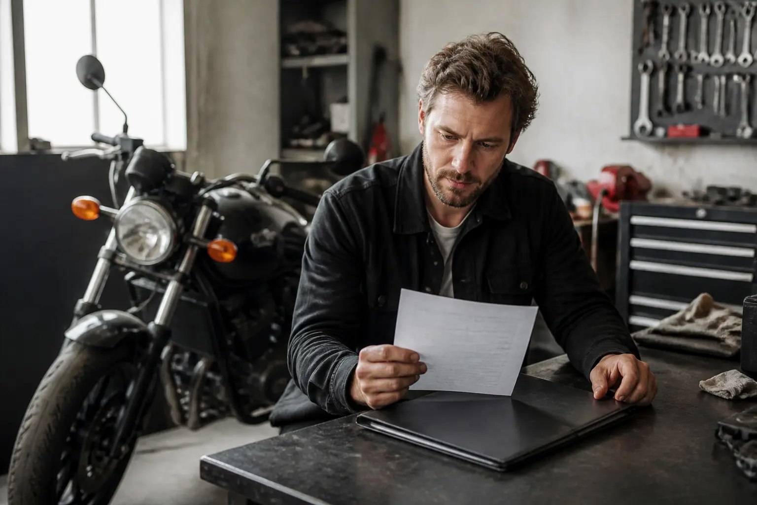 Rider reviewing motorcycle service paperwork at a workbench