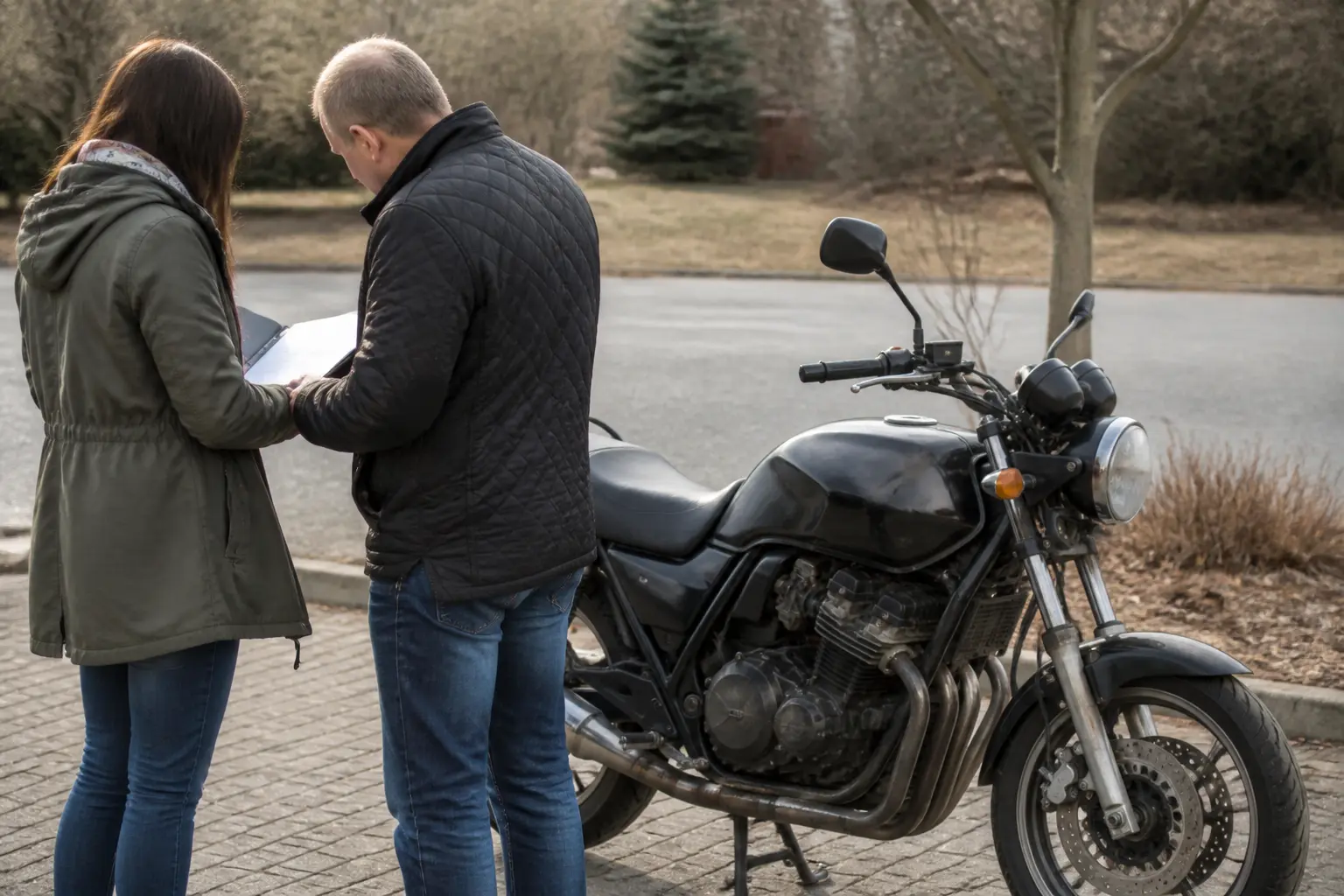 Two people reviewing motorcycle service documents during a used-bike handover