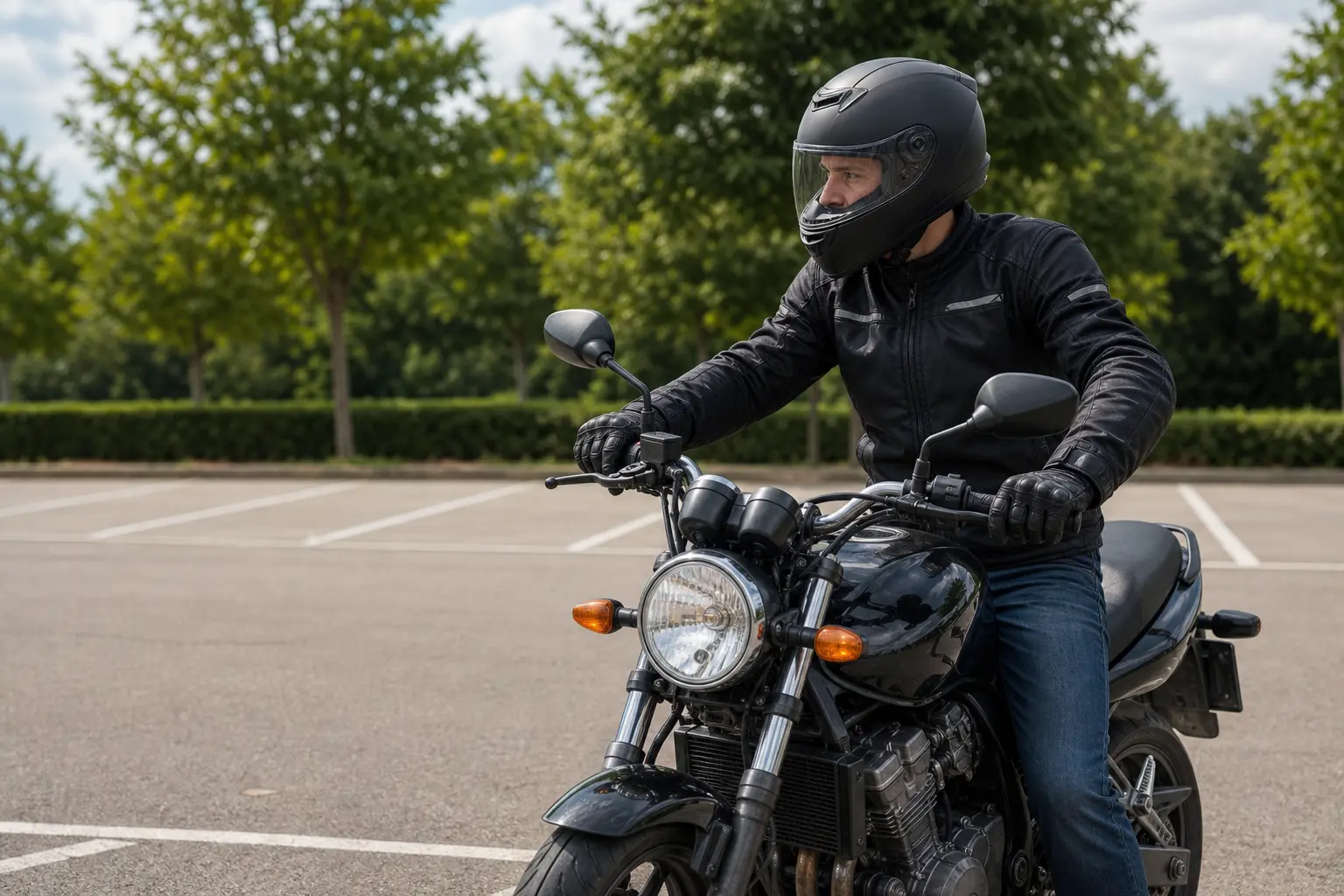 Rider seated on a motorcycle checking a mirror before a ride.