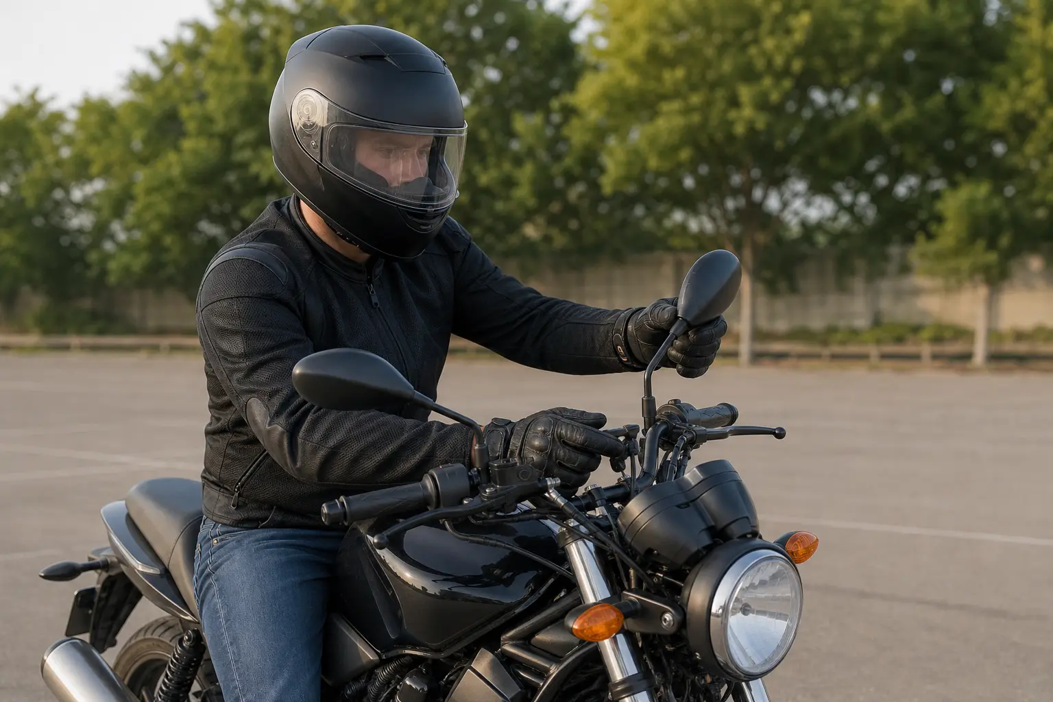 Motorcyclist setting mirror position while seated on a parked bike.