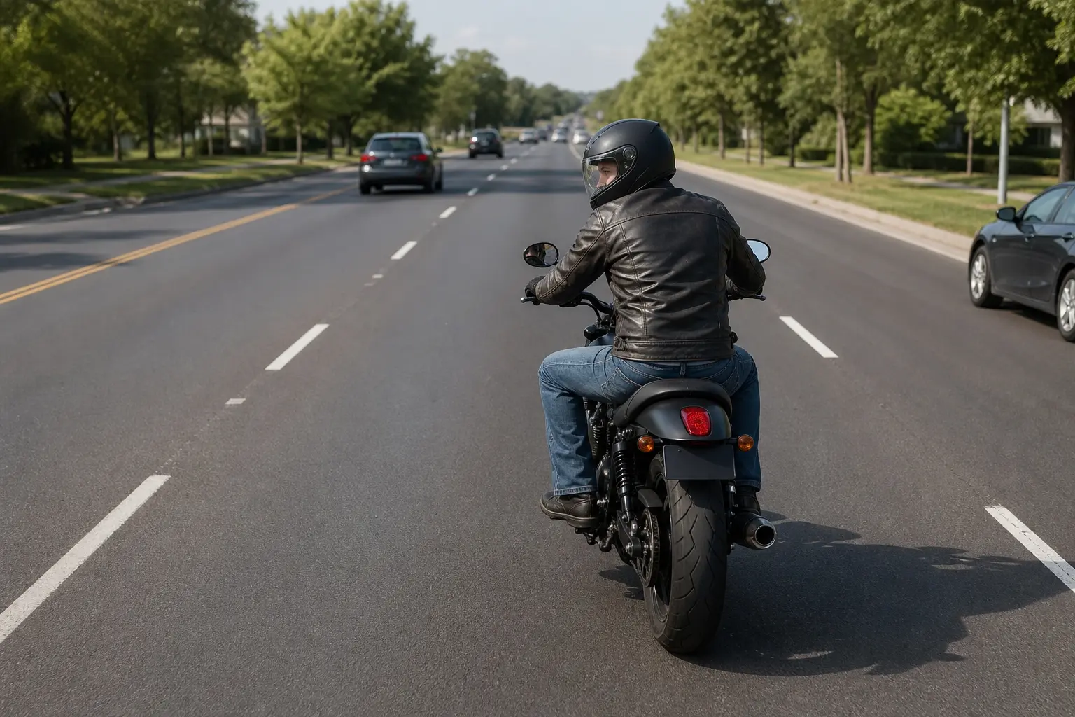 Motorcycle rider performing a shoulder check before changing lanes.