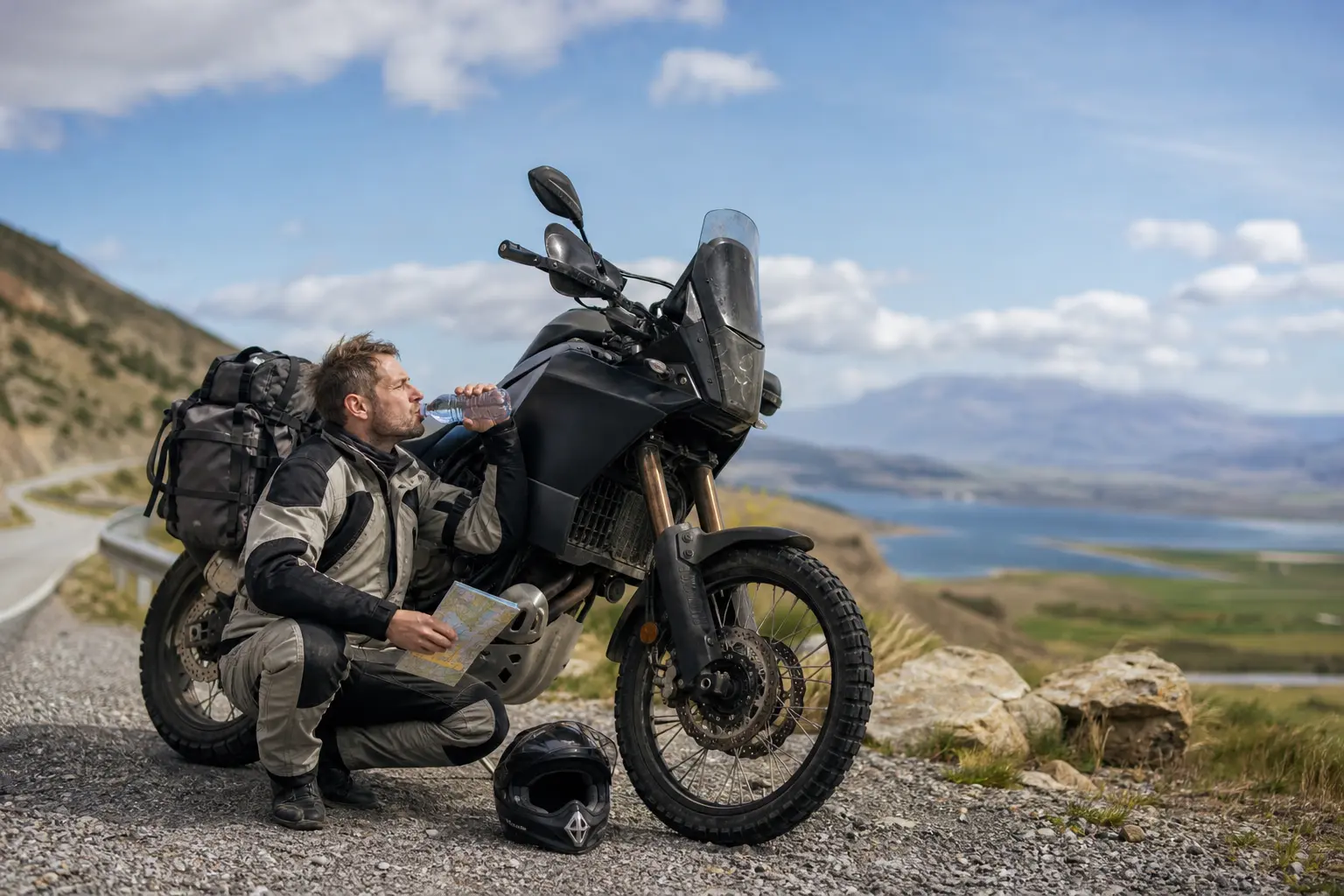 Motorcyclist taking a planned rest break during a daytime trip.