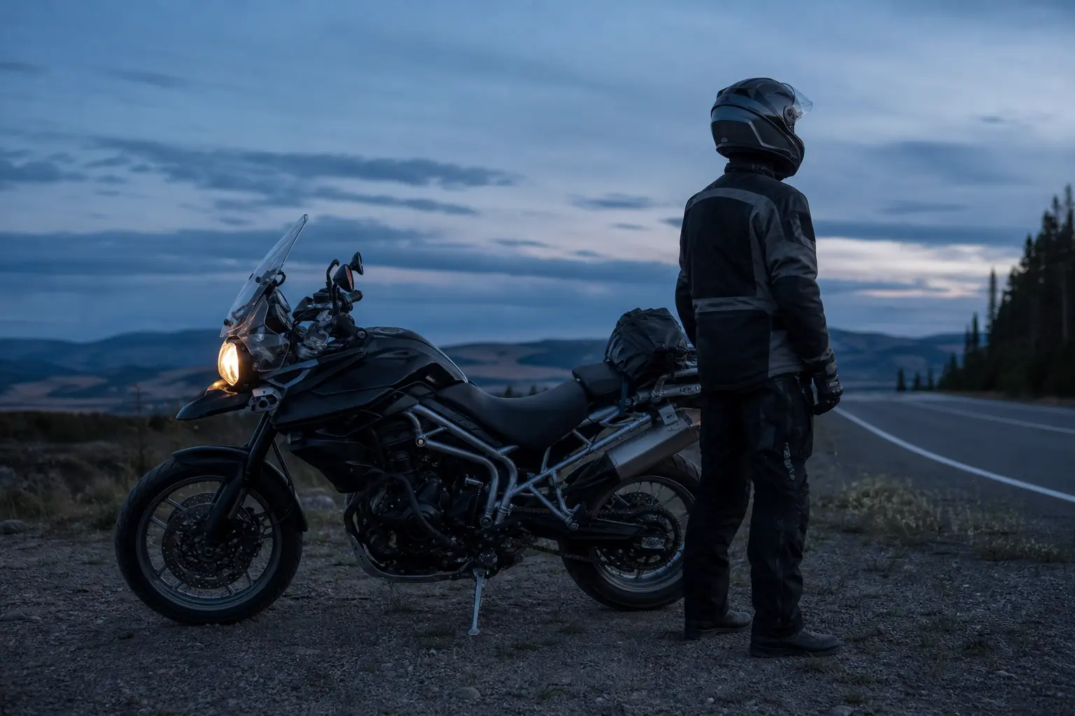 Motorcyclist preparing for a night ride beside a quiet road