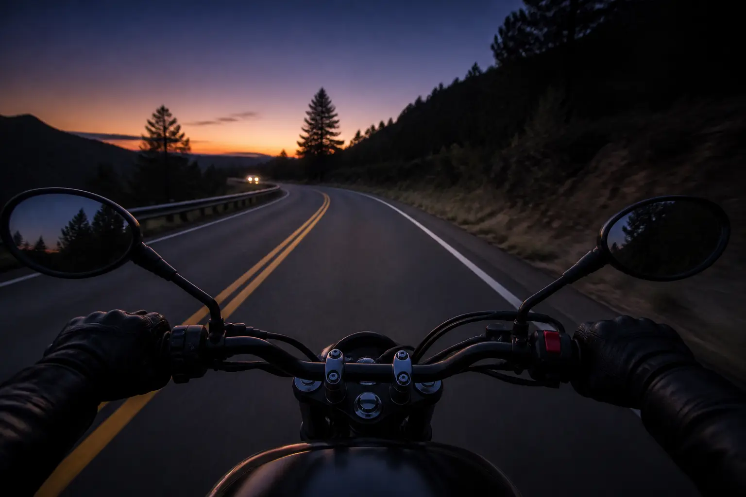 A clear night road with limited sight distance and distant traffic