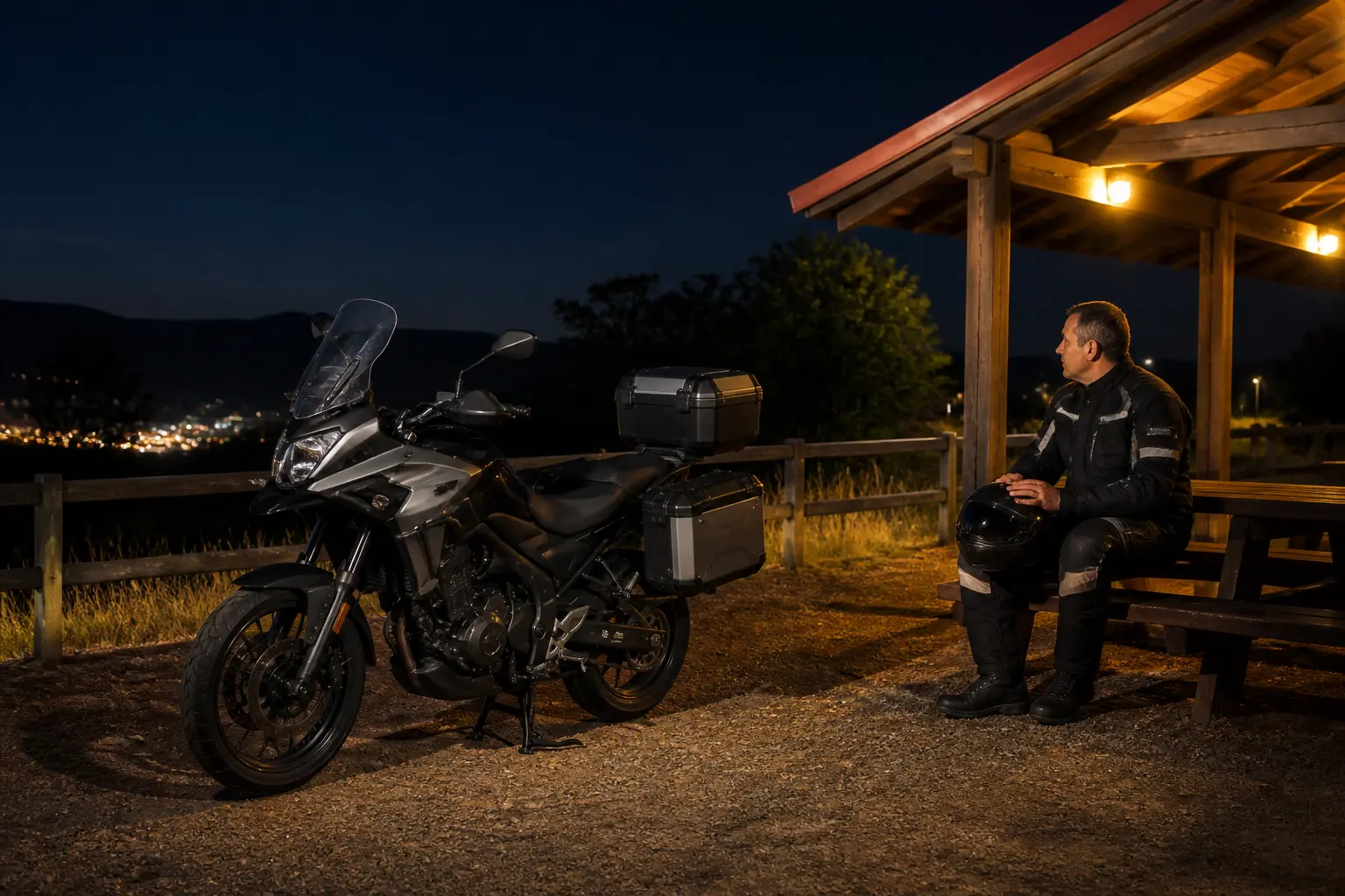 Motorcyclist taking a planned night-riding break at a safe stopping area