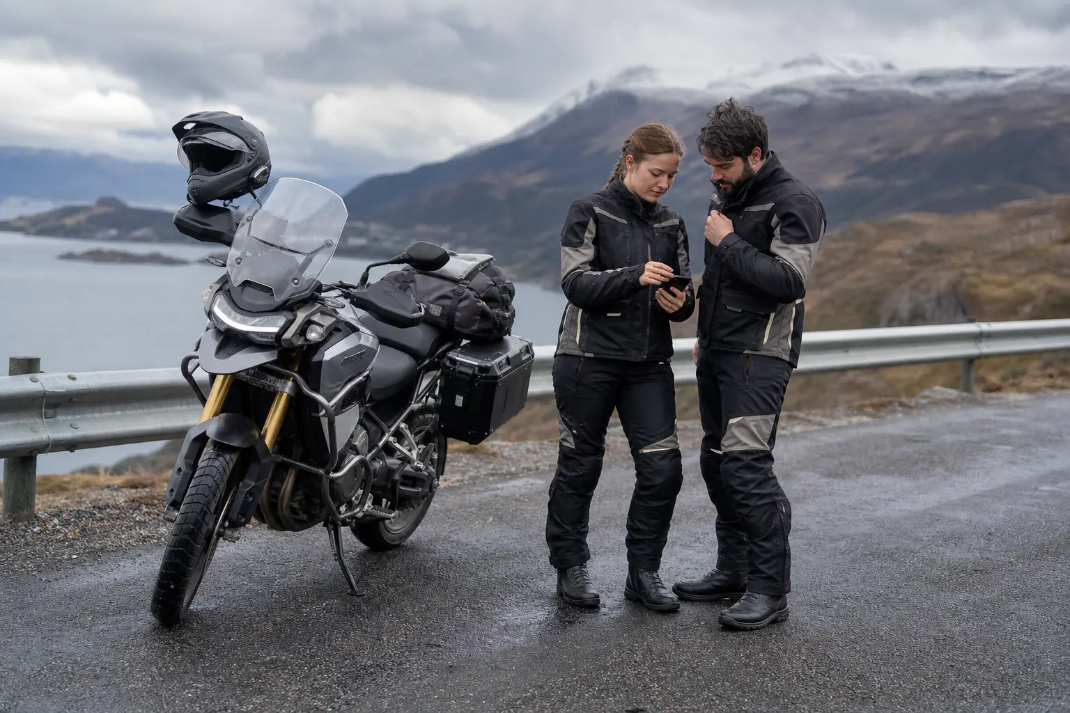 Two riders reassessing a windy motorcycle ride at a roadside pull-off.