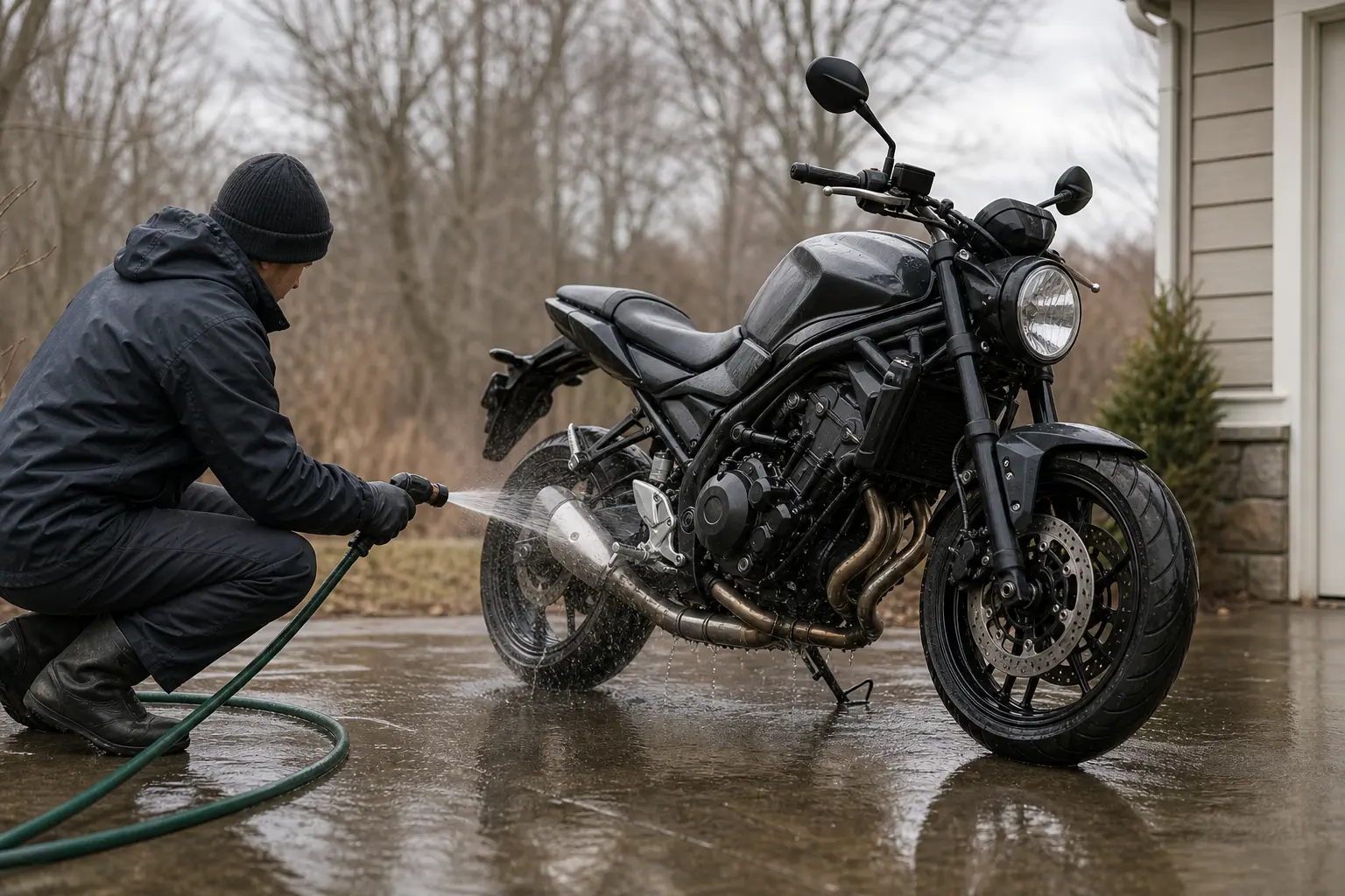 Rider gently rinsing winter road residue from a parked motorcycle.