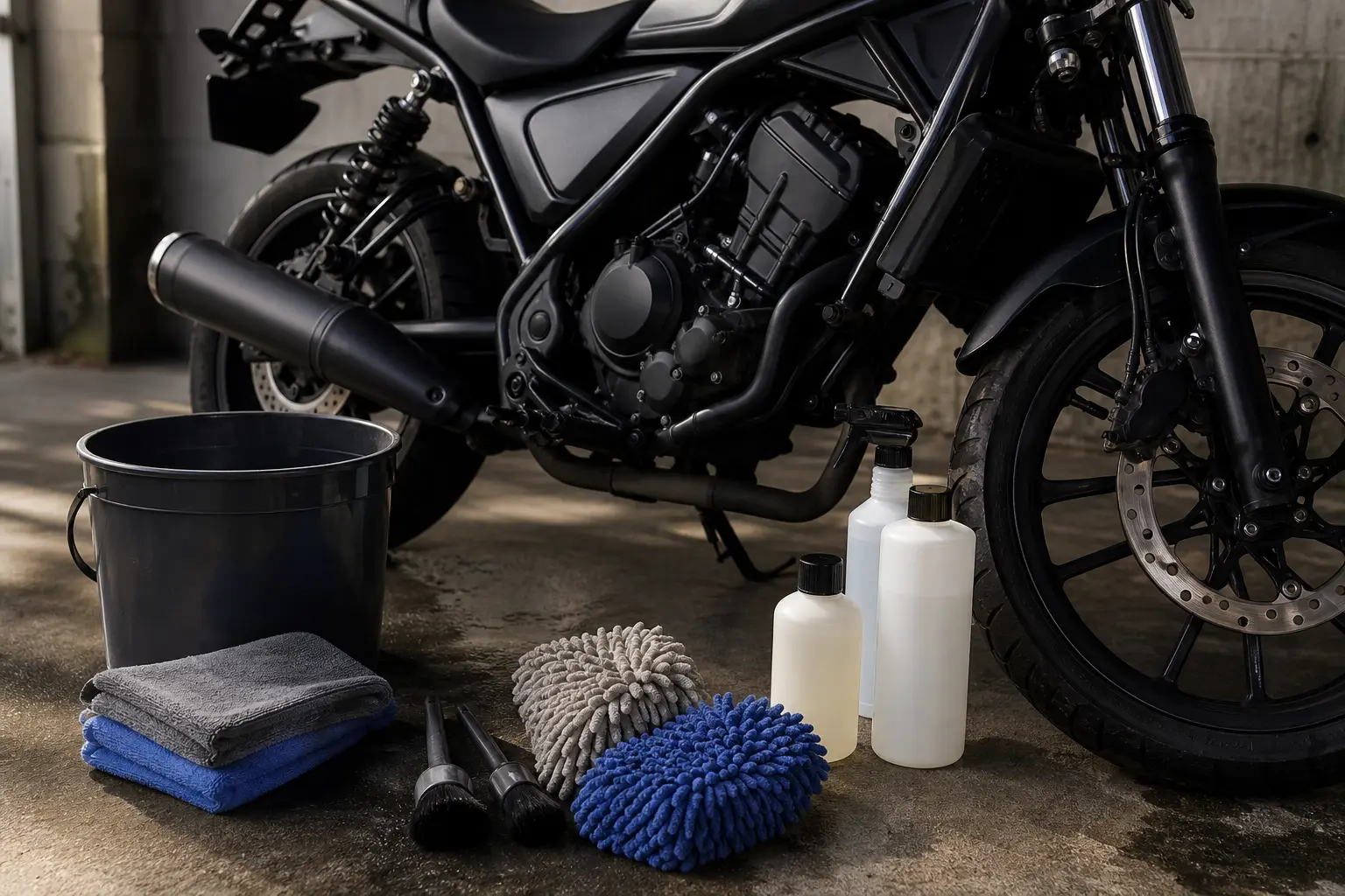 Separate clean wash supplies prepared beside a motorcycle.