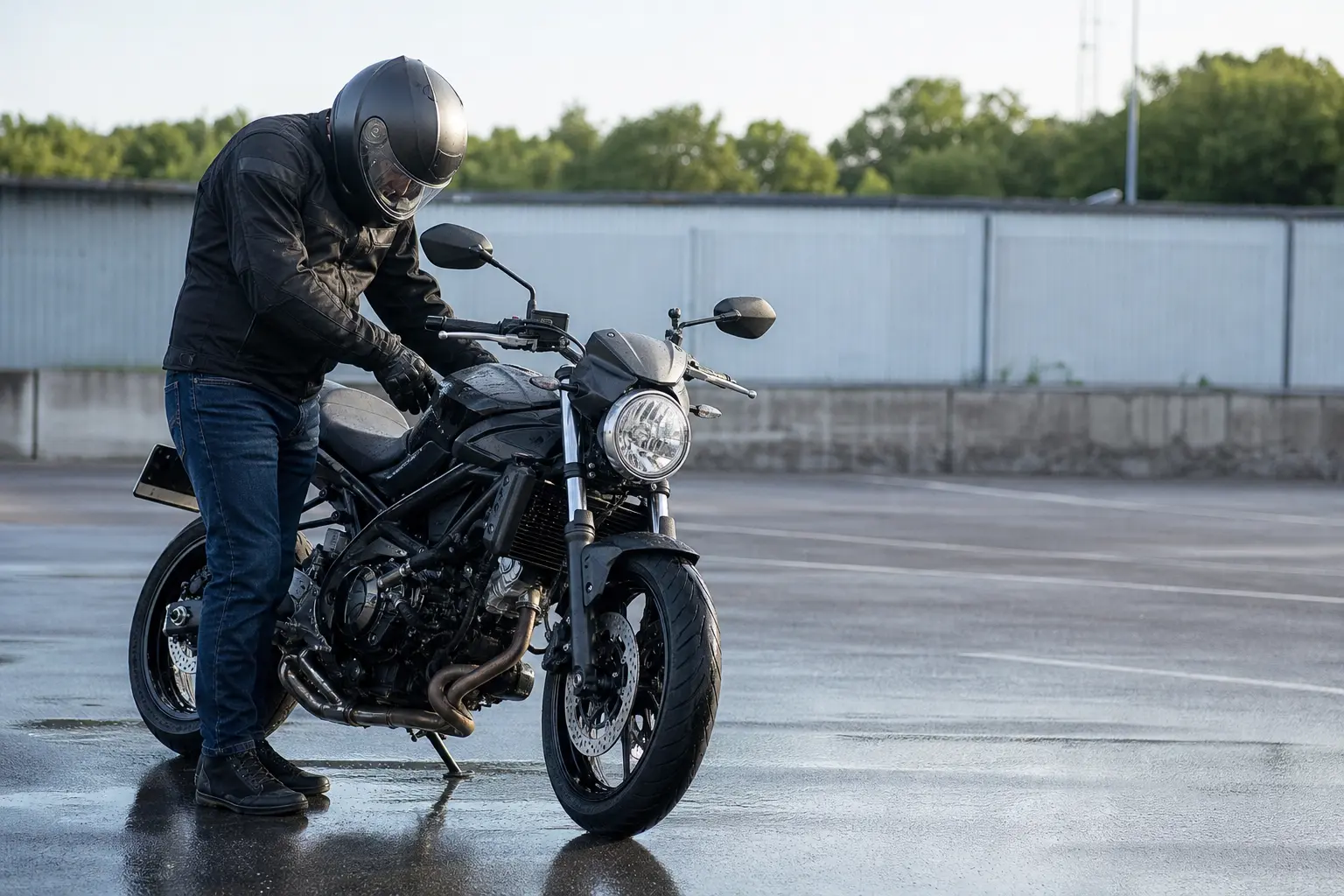 Rider checking a motorcycle before riding after a wash.