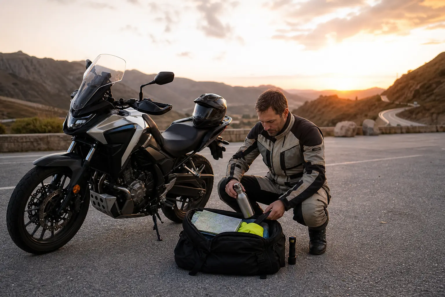 Motorcyclist organizing a compact roadside emergency kit at a safe pull-off.