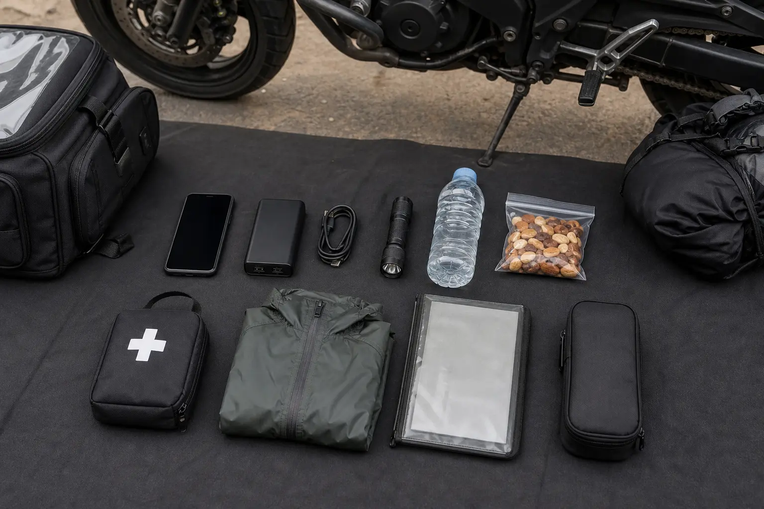 Compact motorcycle roadside kit arranged by communication, visibility, personal care, documents, and basic tools.