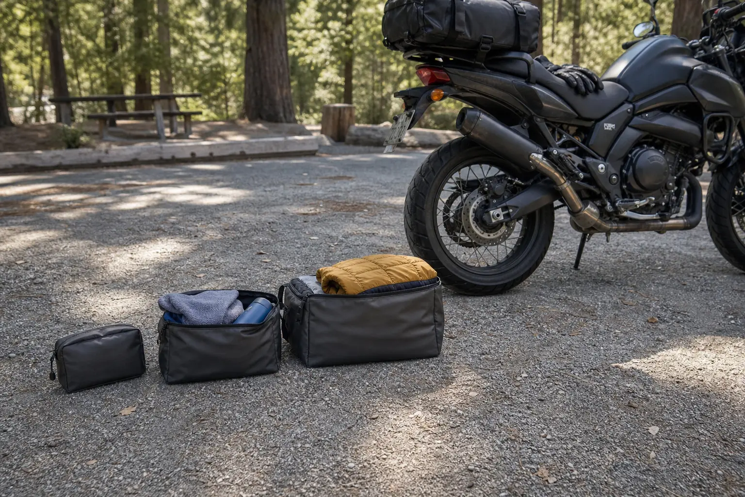 Three compact motorcycle emergency-kit packing layers beside a parked motorcycle.