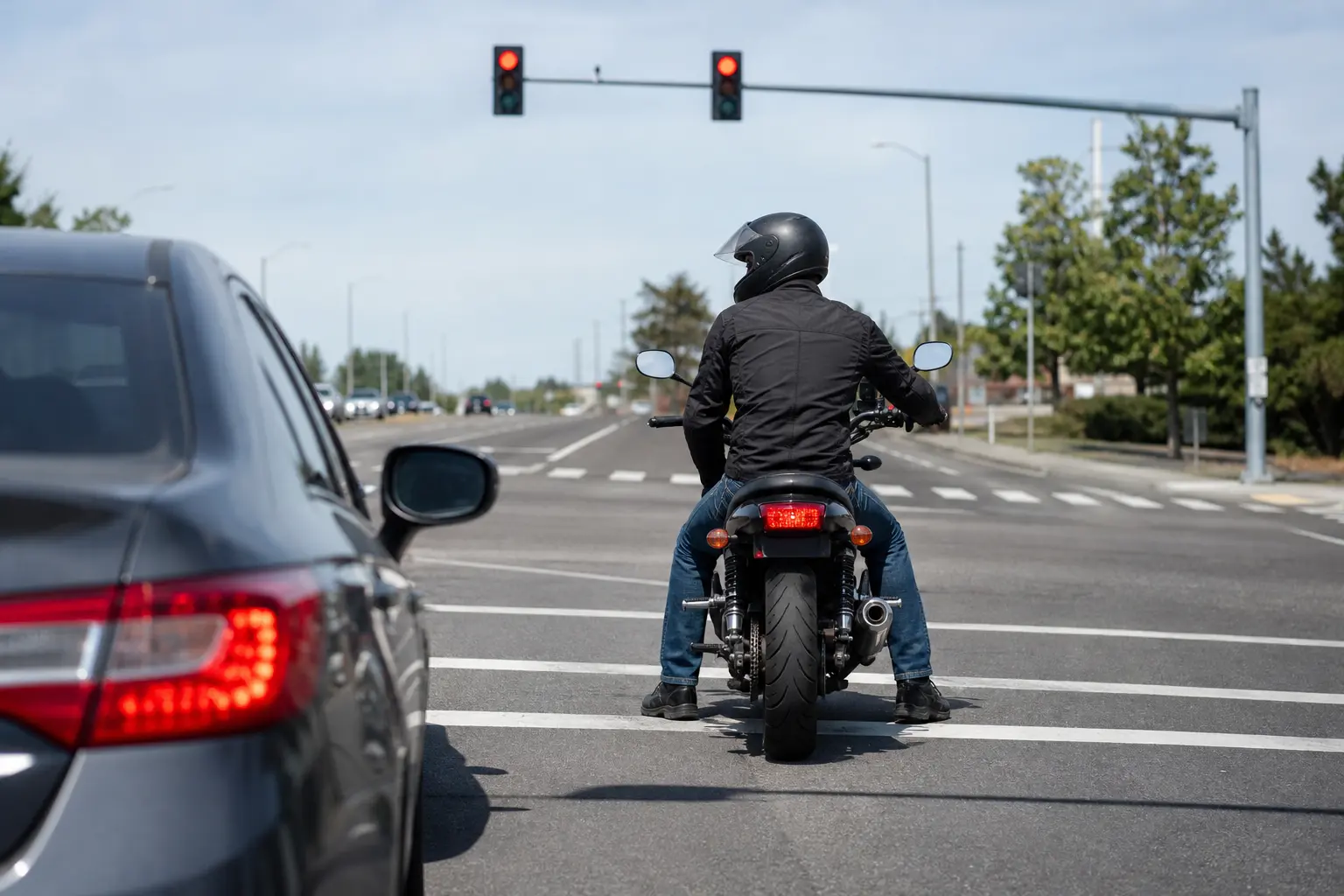 Stopped motorcyclist monitoring an approaching vehicle through a mirror.