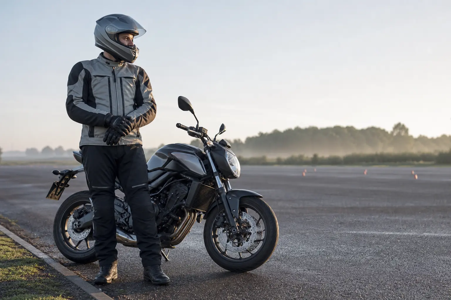 Motorcyclist considering a skills refresher before practicing in a quiet lot.