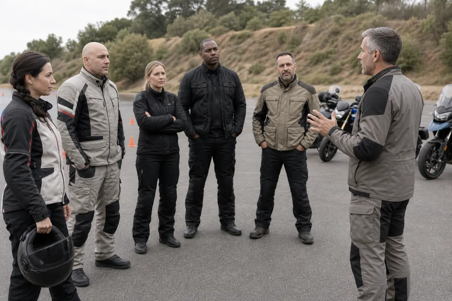 Experienced motorcyclists receiving instruction during a rider training course.