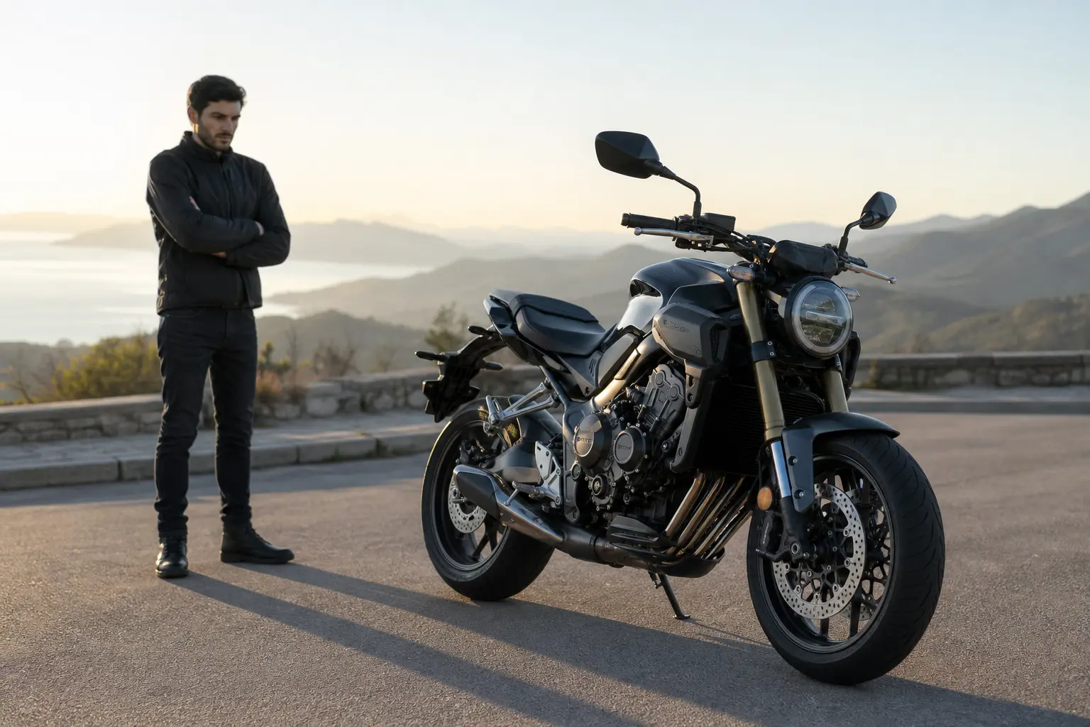 Rider pausing beside a parked motorcycle to assess a possible fuel smell.