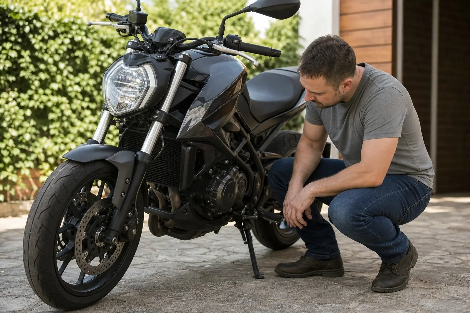 Rider making a visual parked-bike check near the motorcycle fuel area.