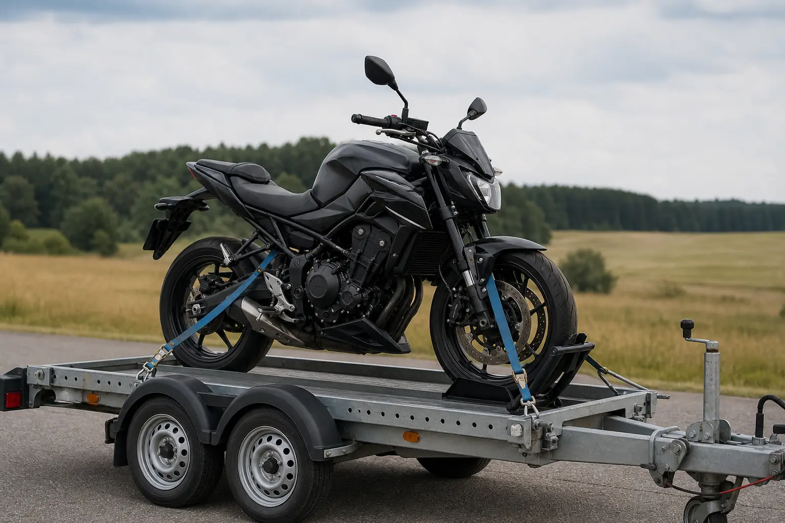 Motorcycle prepared for transport rather than ridden with a suspected fuel leak.