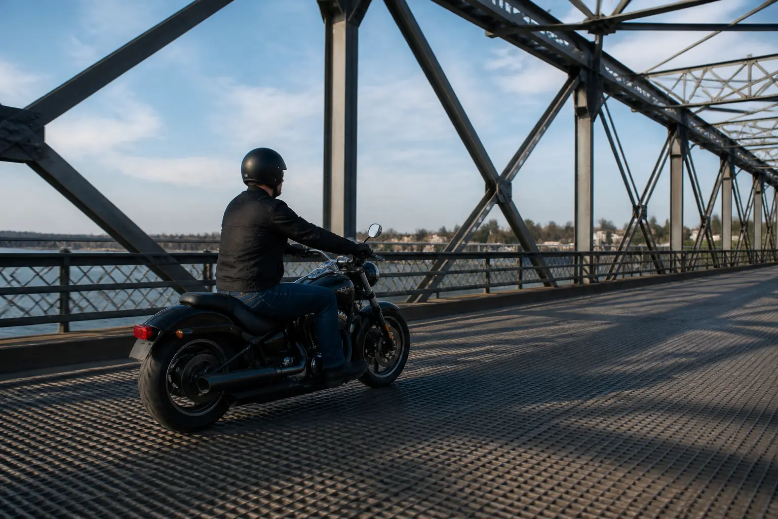 Motorcycle crossing textured steel bridge grating in a controlled line