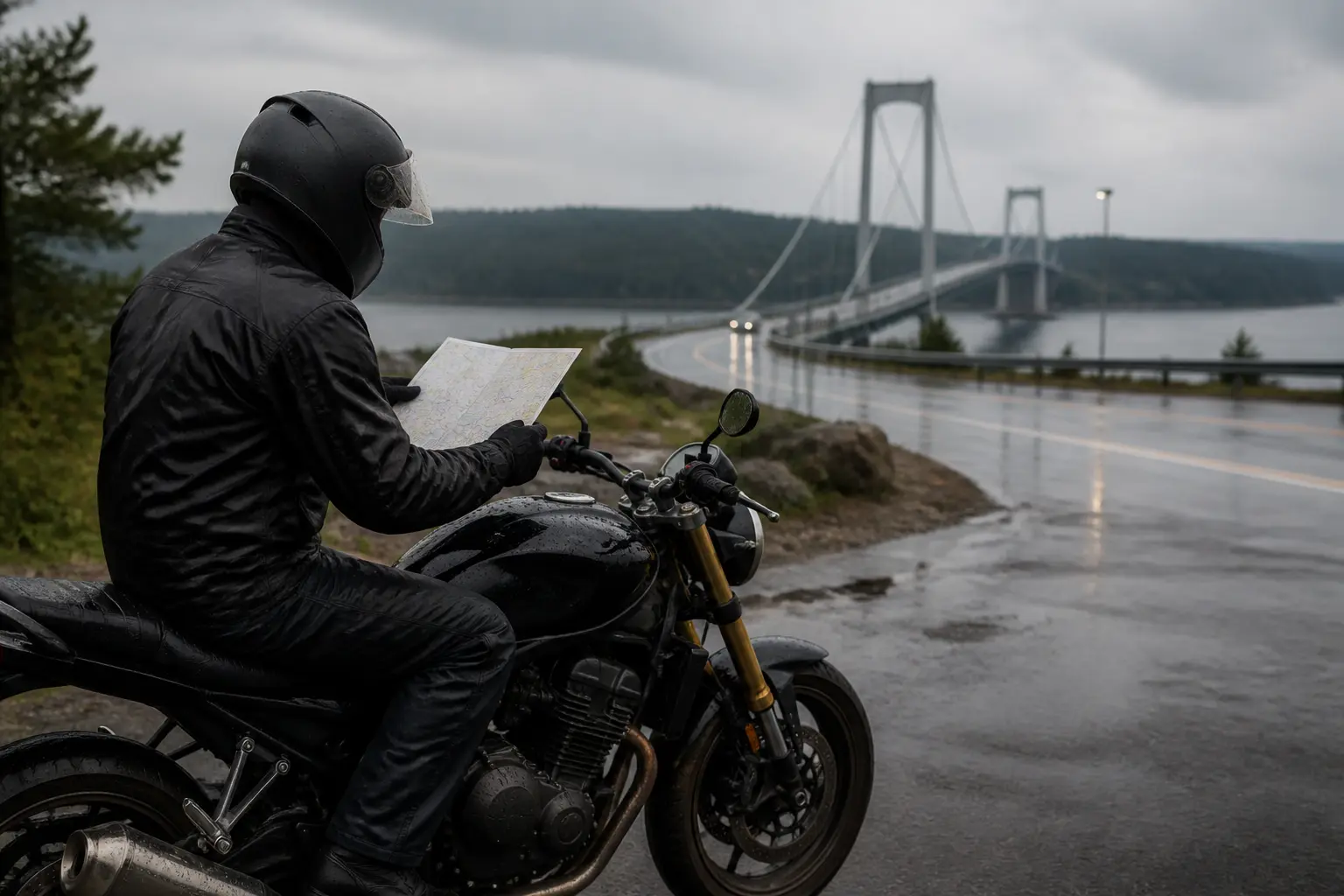 Rider reviewing a wet bridge approach before deciding whether to continue
