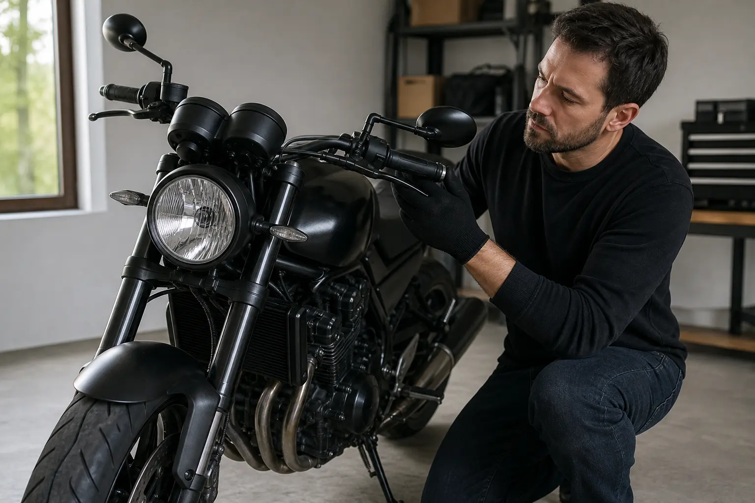 Rider visually checking the steering area of a parked motorcycle in a garage.