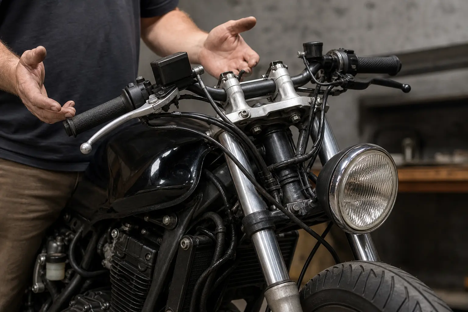 Close view of motorcycle controls and cable routing near the steering head.