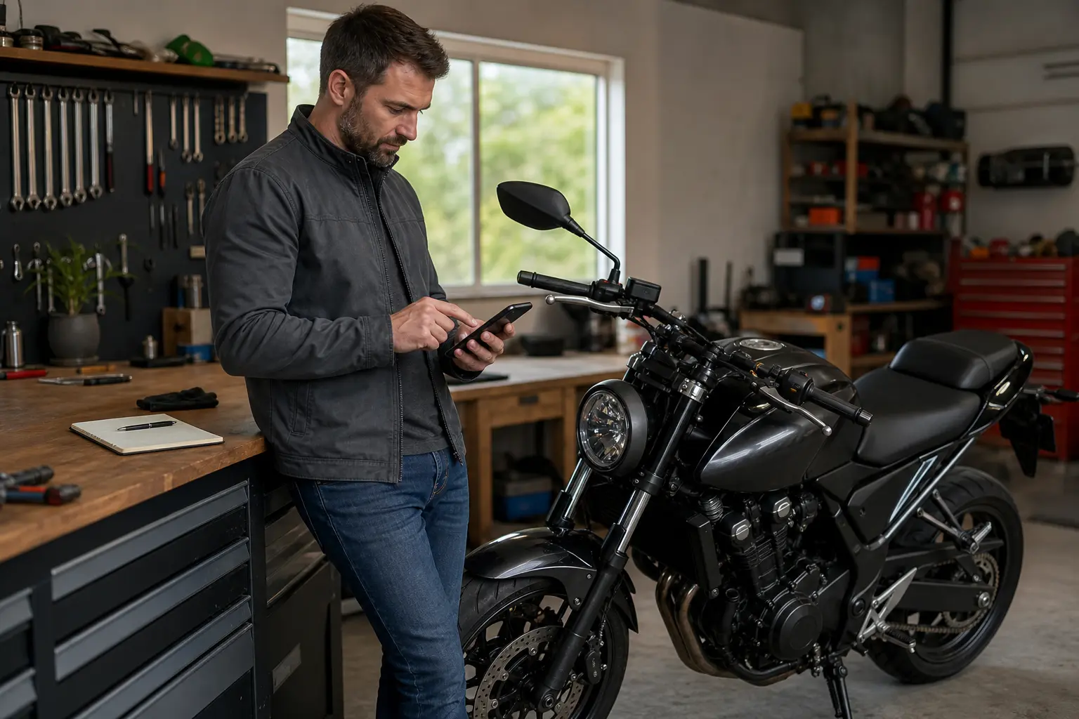Rider documenting a motorcycle steering concern before arranging service.