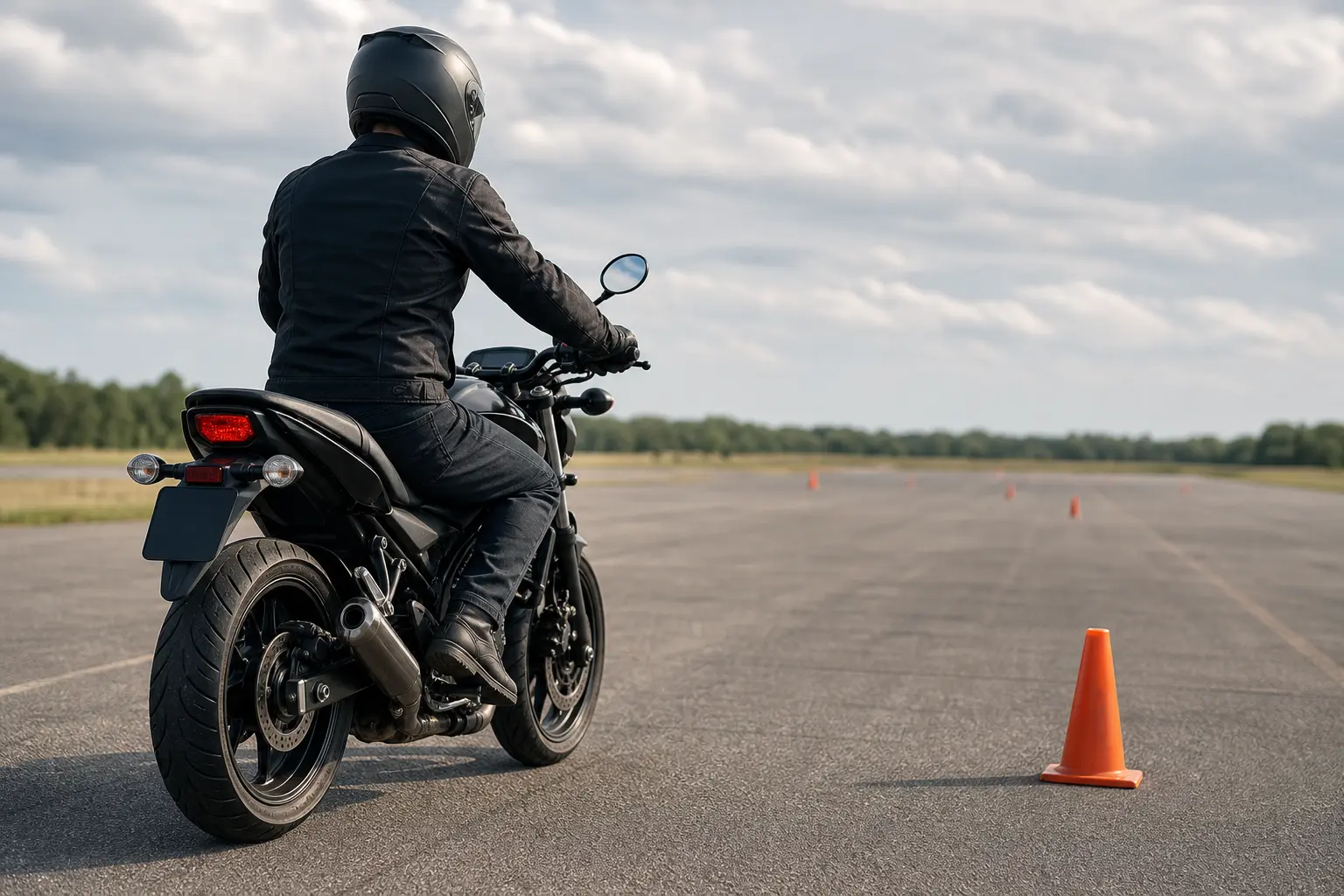 Motorcyclist using a broad open route during a closed-course avoidance practice session