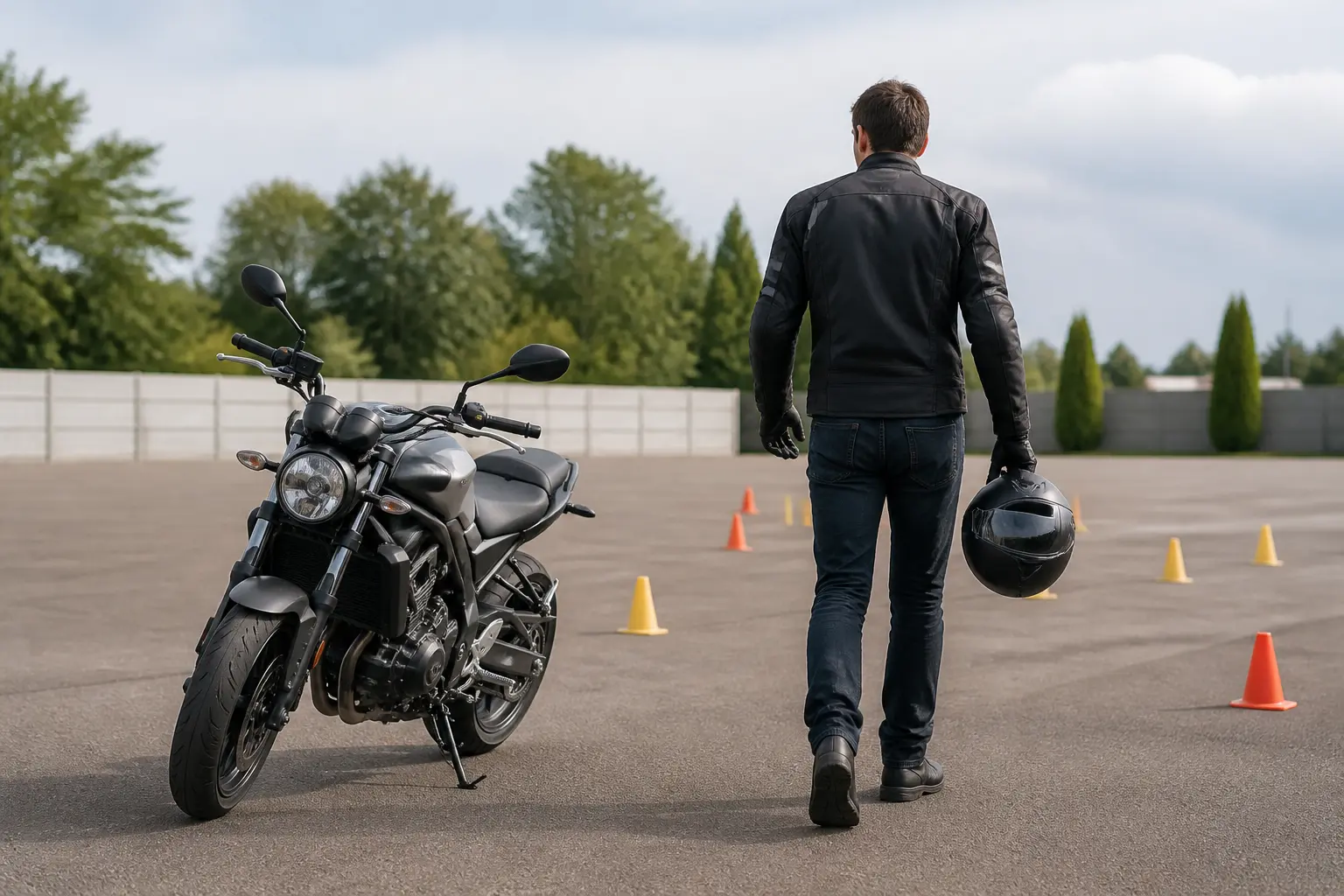 Rider checking a controlled motorcycle practice area before a session