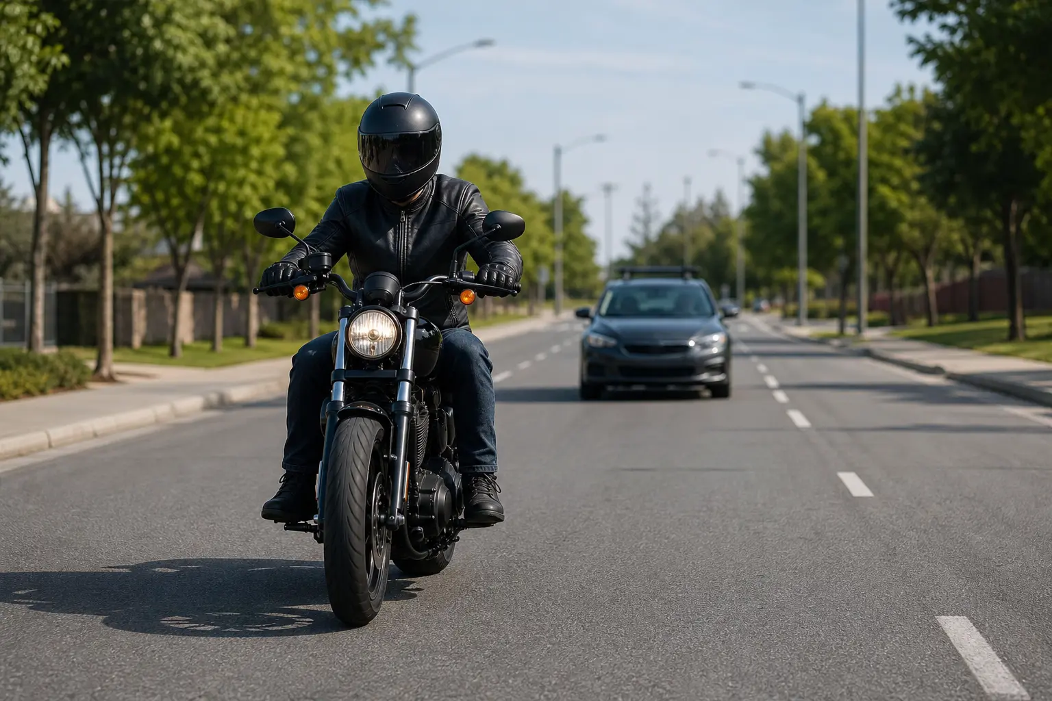 Motorcyclist preserving open road space ahead while a car follows behind