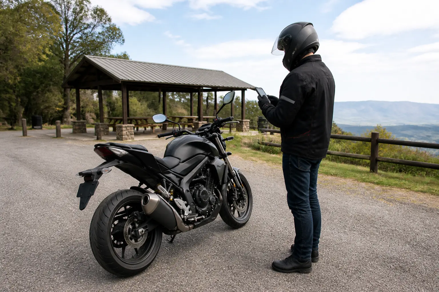 Motorcyclist reviewing route choices after stopping safely