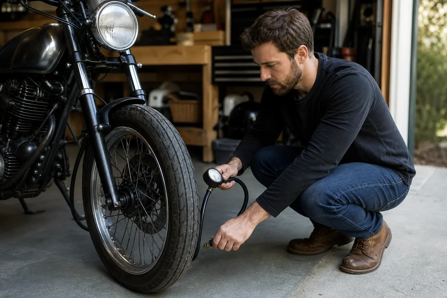 Rider checking motorcycle tire pressure in a garage before riding.
